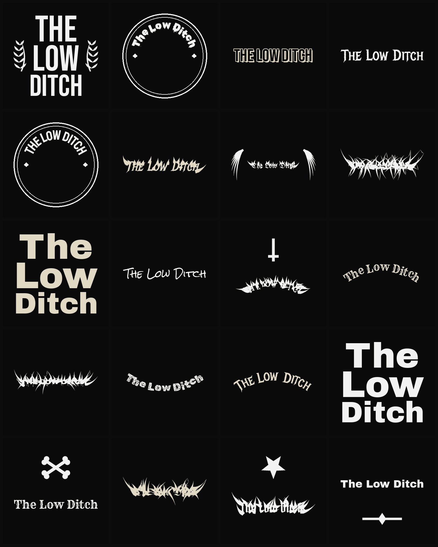 Twenty The Low Ditch band logo ideas — different faces, treatments and spike settings