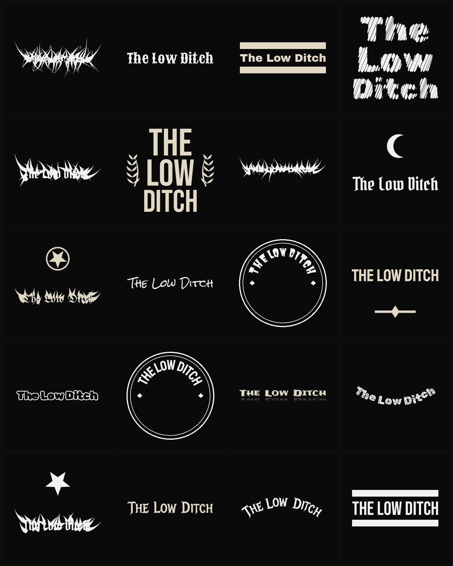 Twenty The Low Ditch band logo ideas — different faces, treatments and spike settings