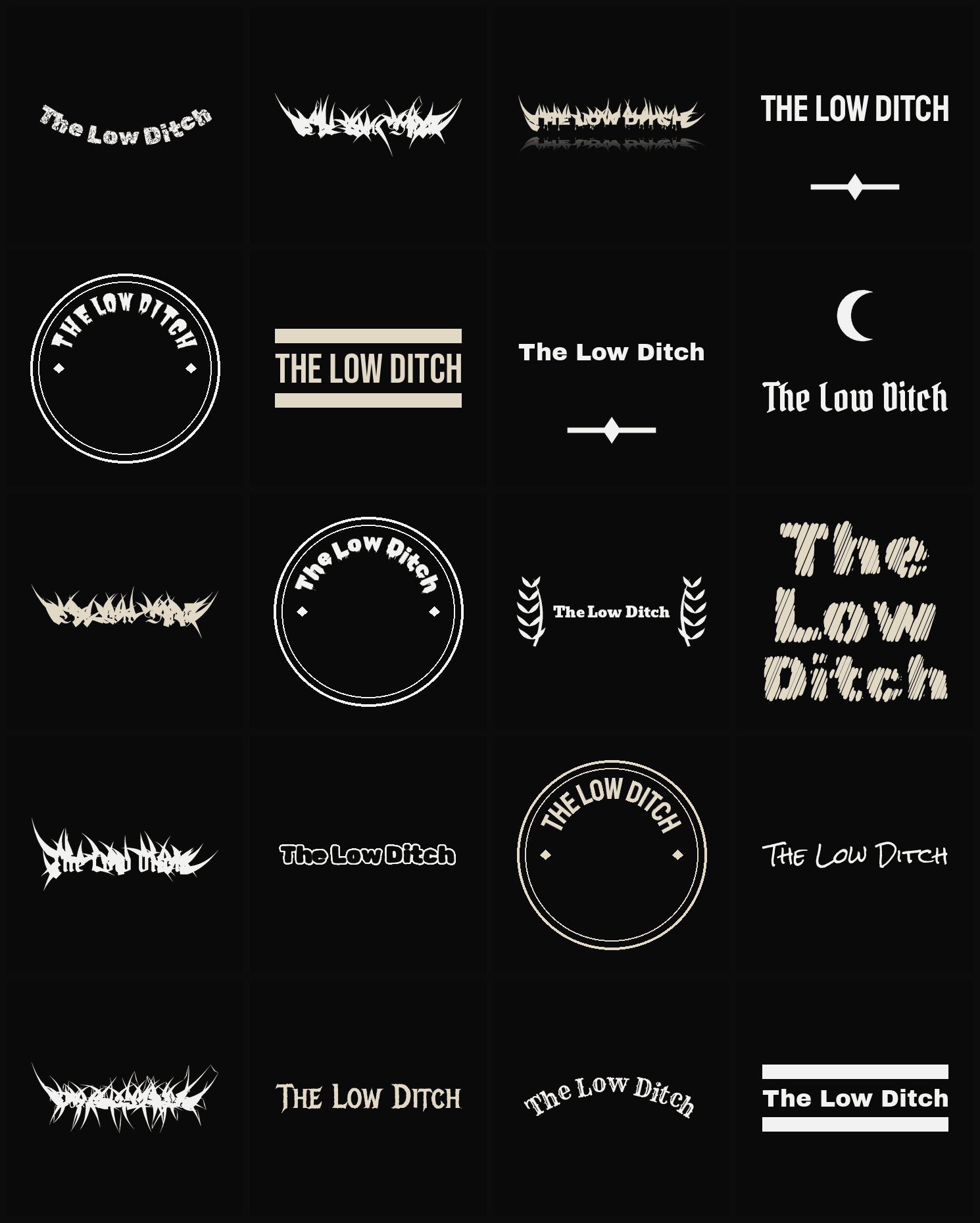 Twenty The Low Ditch band logo ideas — different faces, treatments and spike settings