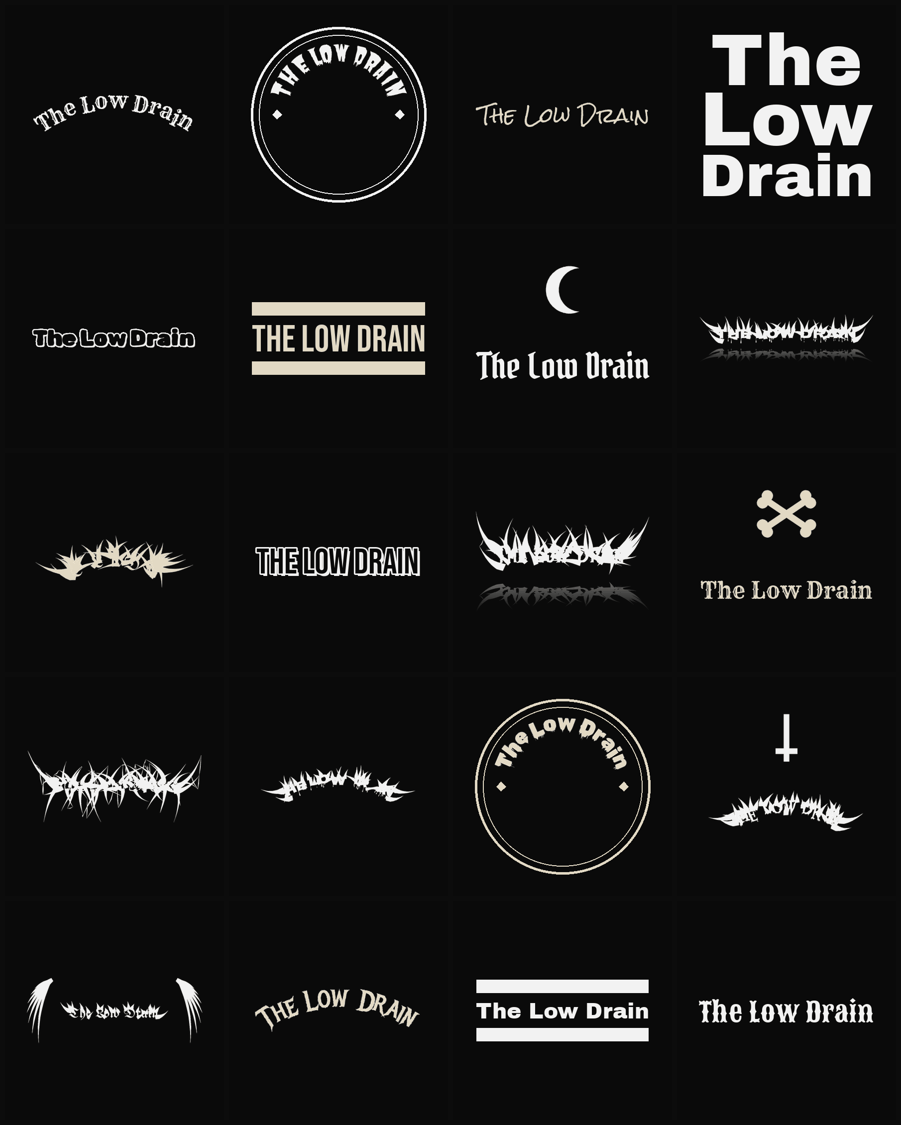 Twenty The Low Drain band logo ideas — different faces, treatments and spike settings