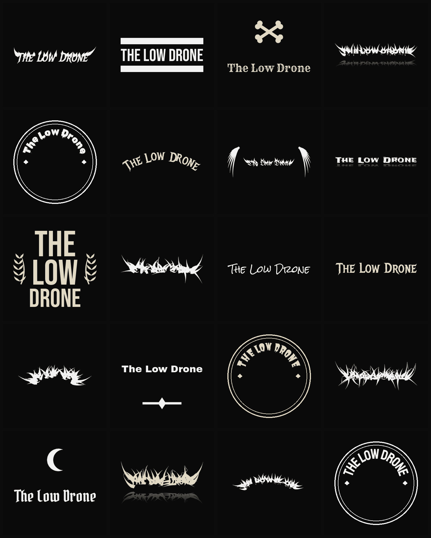 Twenty The Low Drone band logo ideas — different faces, treatments and spike settings