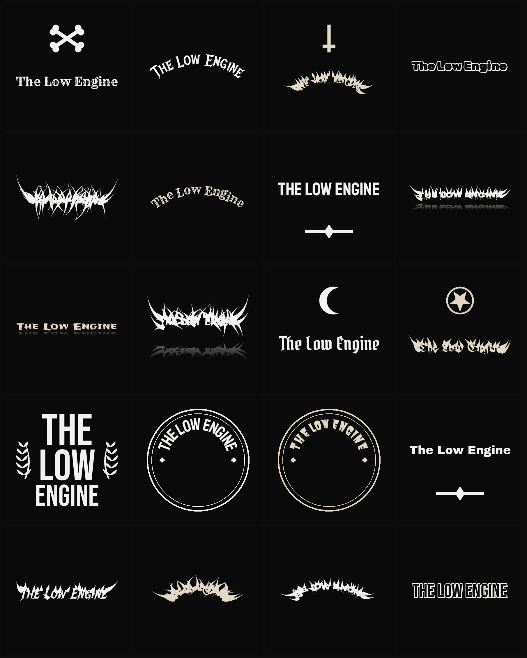 Twenty The Low Engine band logo ideas — different faces, treatments and spike settings
