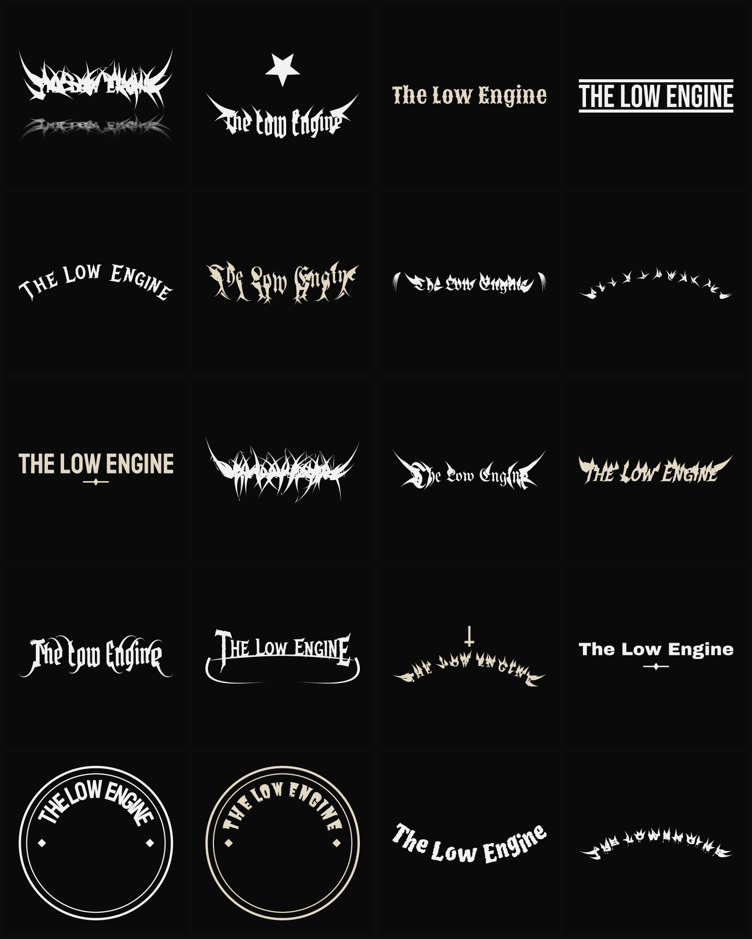 Twenty The Low Engine band logo ideas — different faces, treatments and spike settings