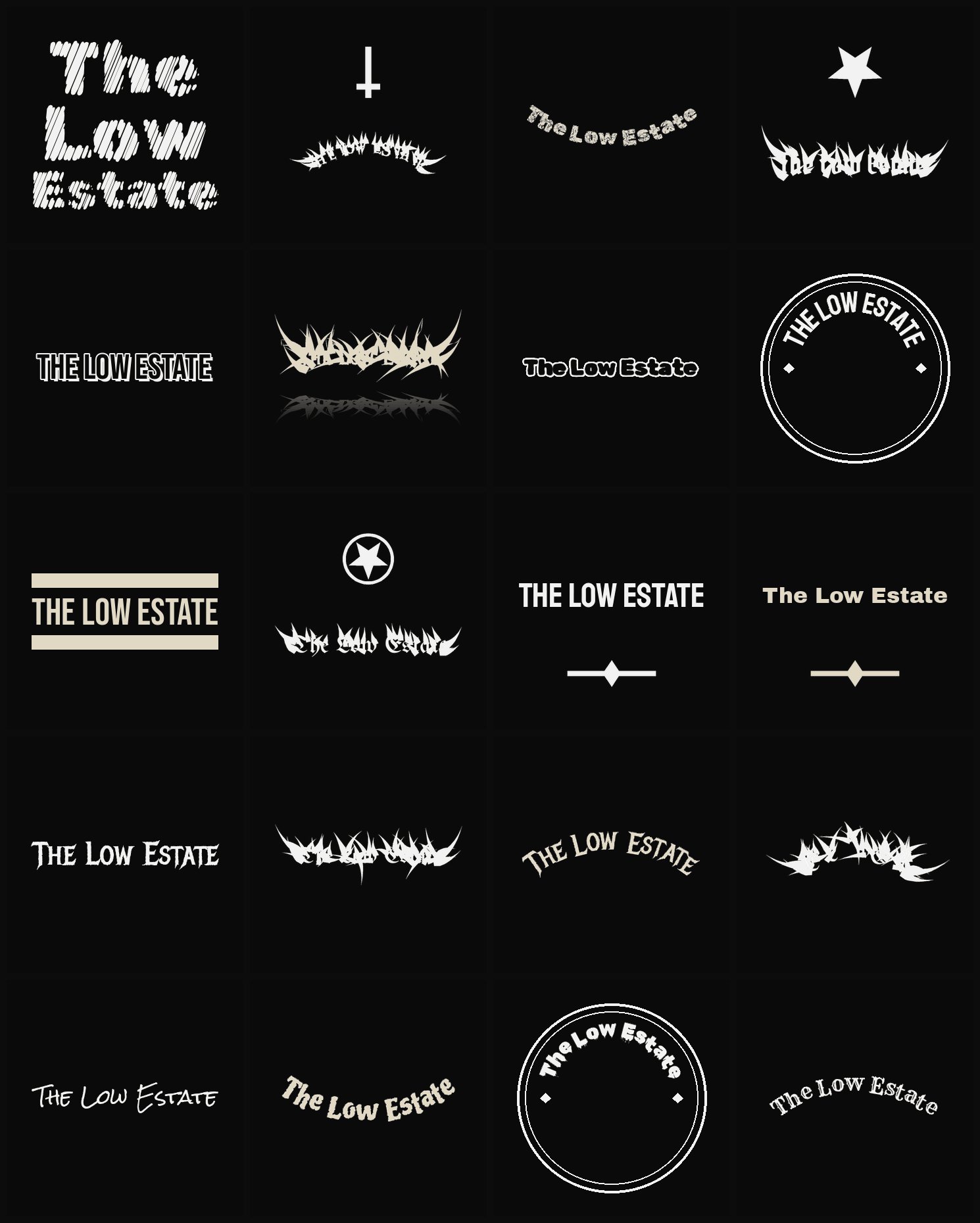 Twenty The Low Estate band logo ideas — different faces, treatments and spike settings