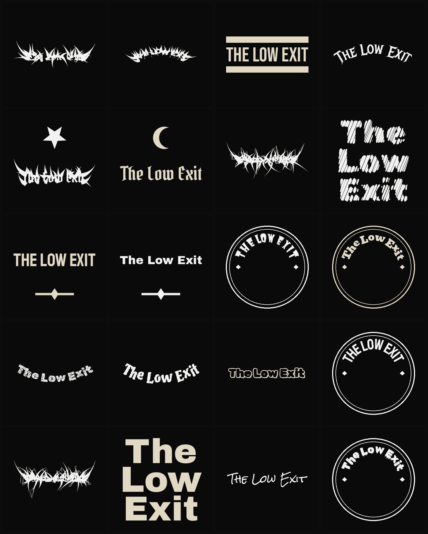 Twenty The Low Exit band logo ideas — different faces, treatments and spike settings