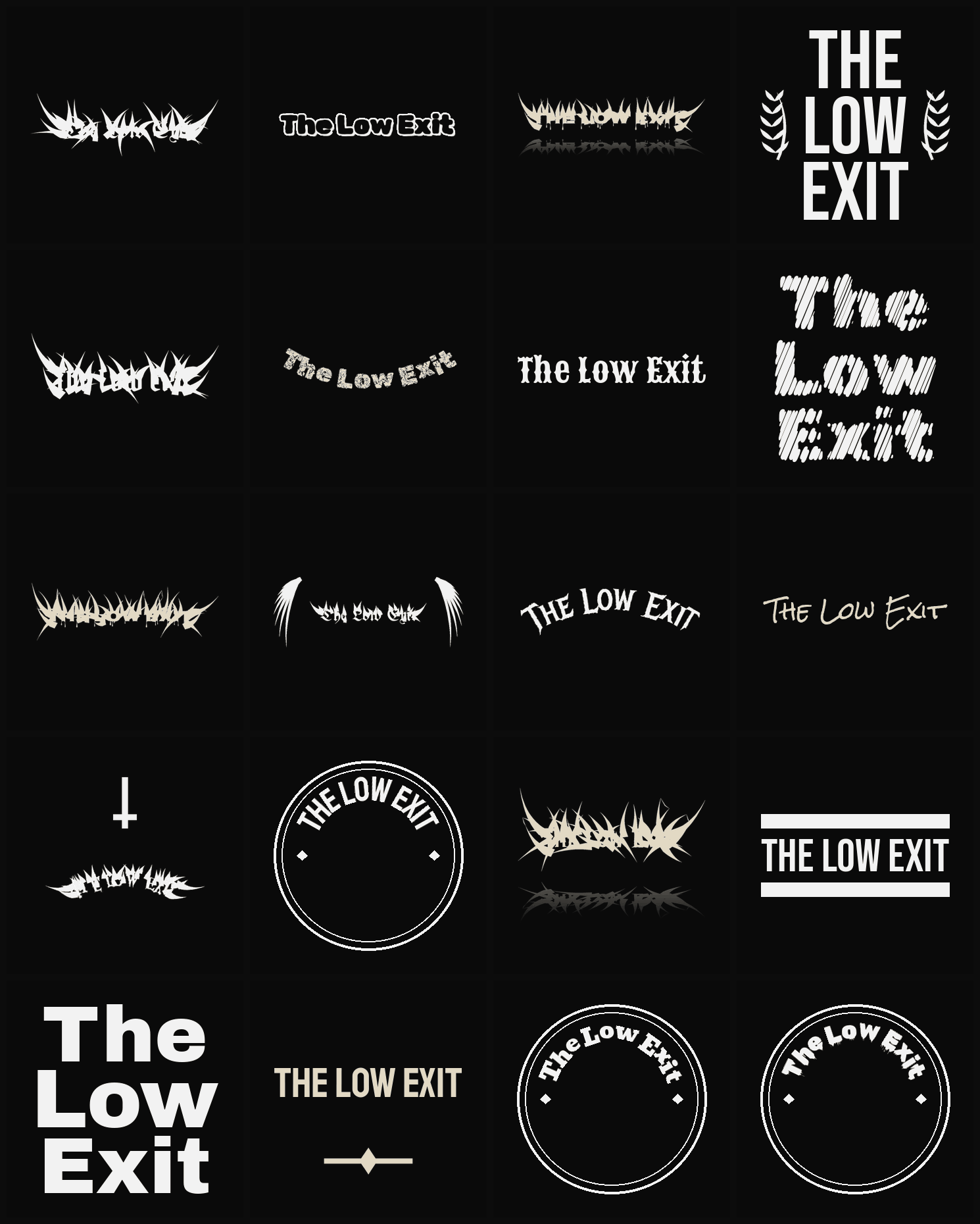 Twenty The Low Exit band logo ideas — different faces, treatments and spike settings
