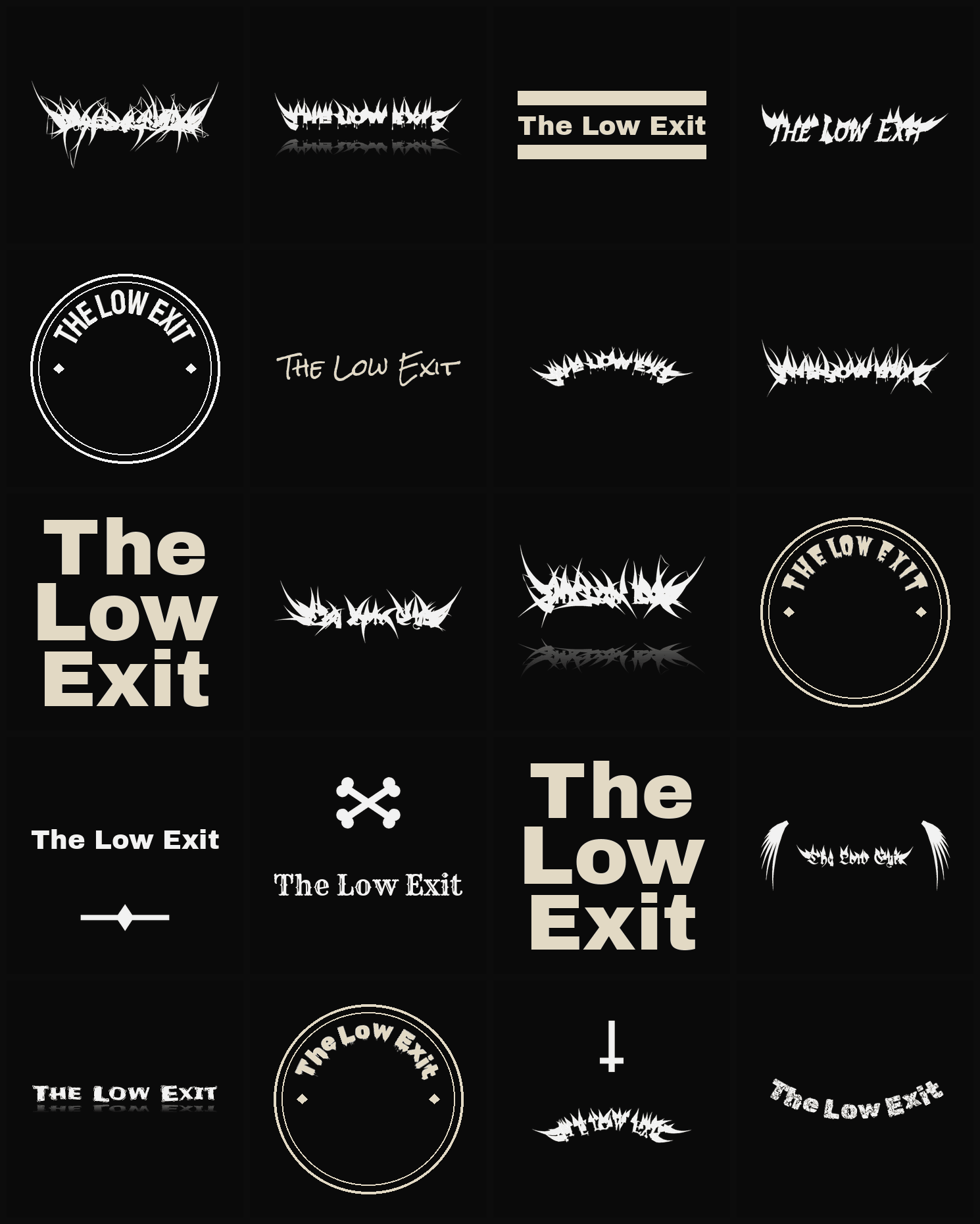 Twenty The Low Exit band logo ideas — different faces, treatments and spike settings