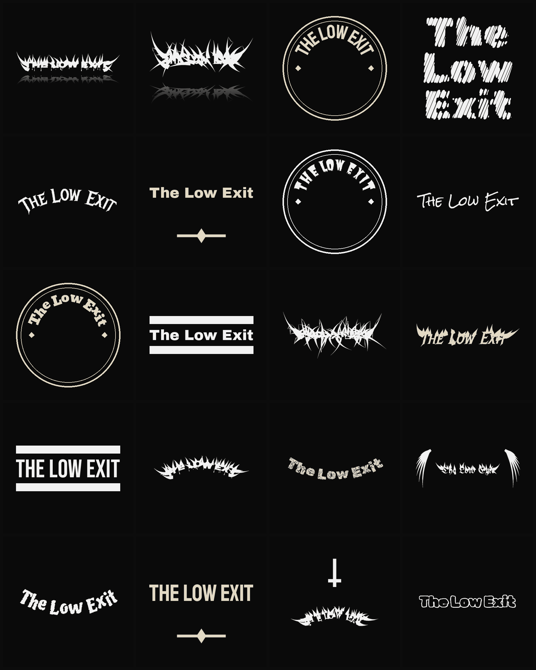 Twenty The Low Exit band logo ideas — different faces, treatments and spike settings