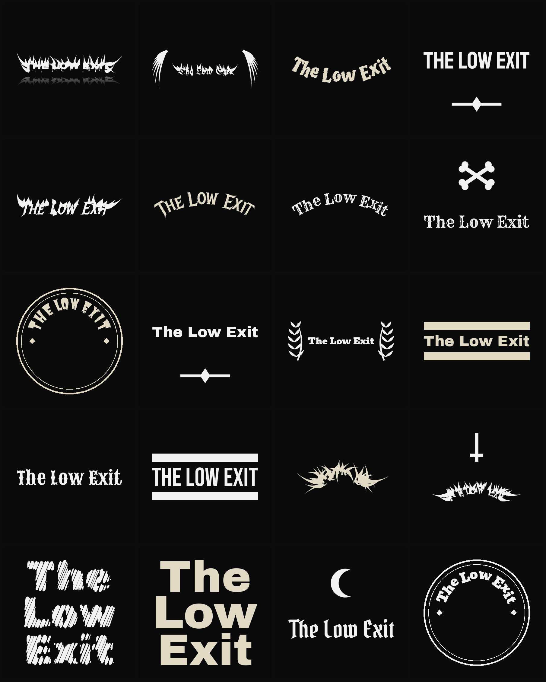Twenty The Low Exit band logo ideas — different faces, treatments and spike settings