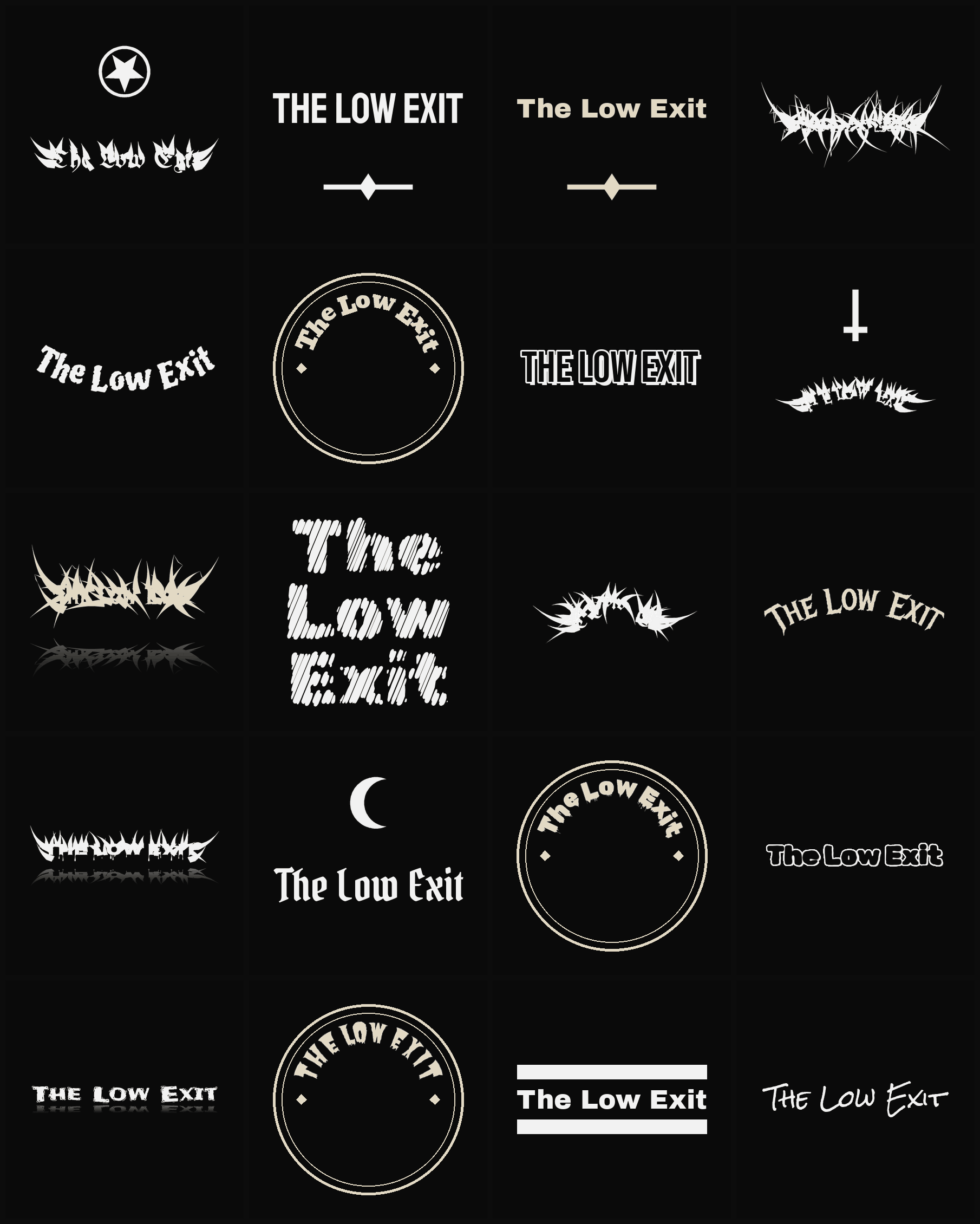 Twenty The Low Exit band logo ideas — different faces, treatments and spike settings