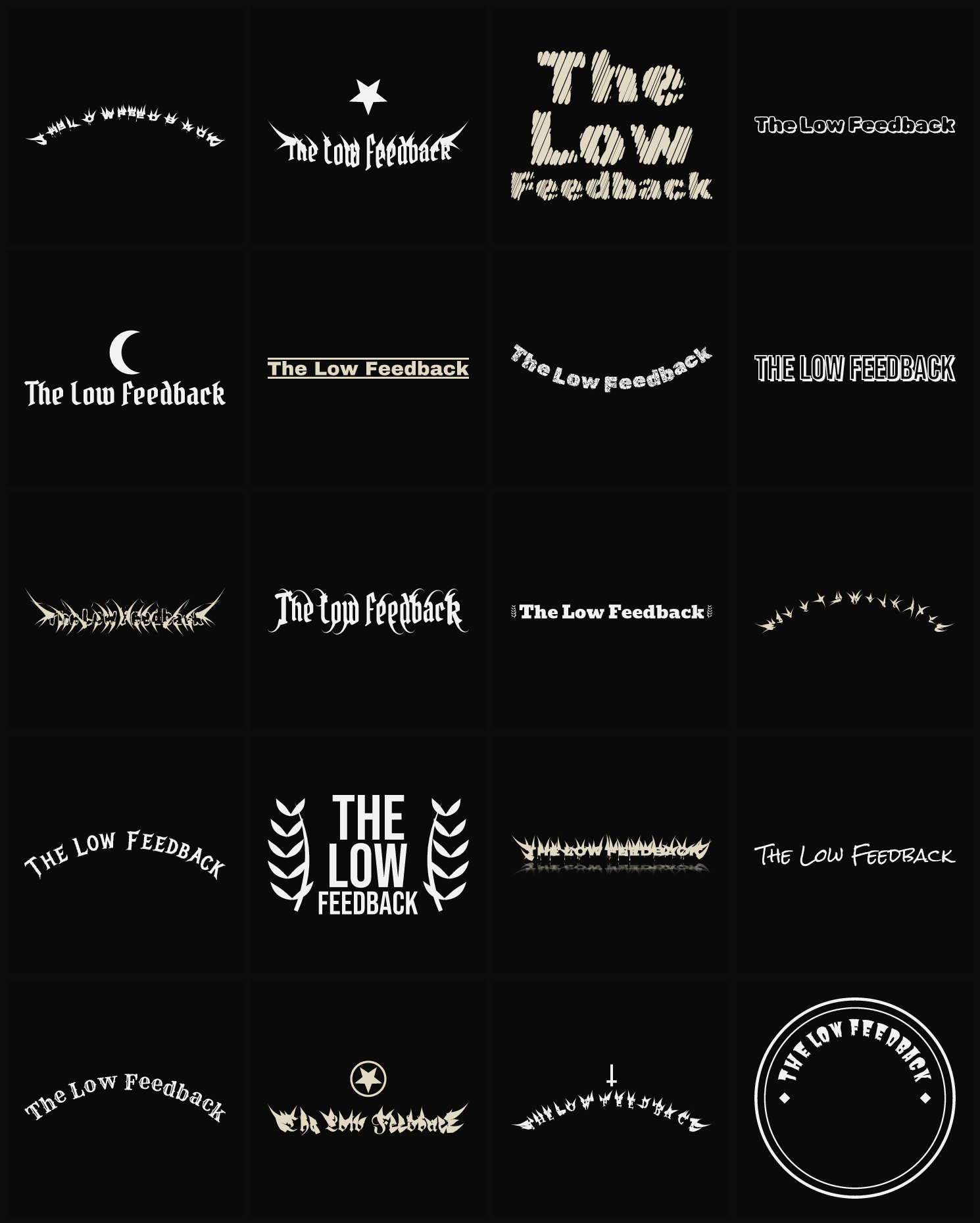 Twenty The Low Feedback band logo ideas — different faces, treatments and spike settings