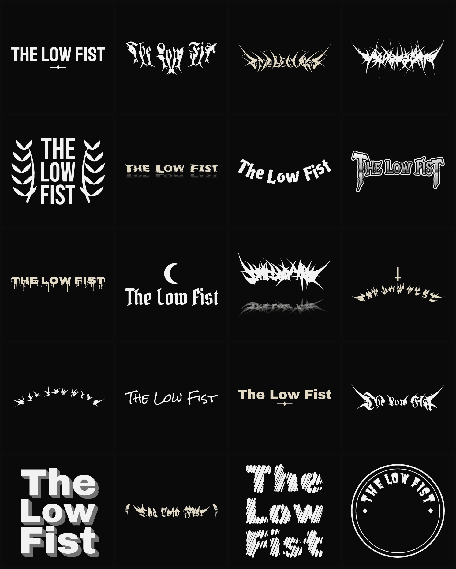 Twenty The Low Fist band logo ideas — different faces, treatments and spike settings