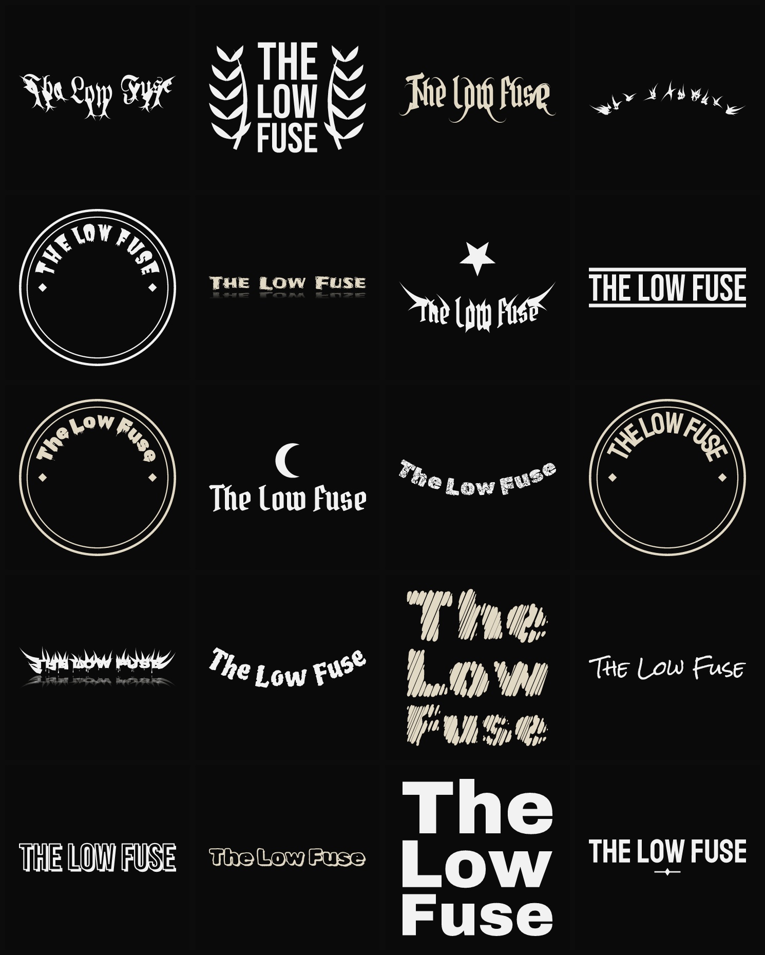 Twenty The Low Fuse band logo ideas — different faces, treatments and spike settings