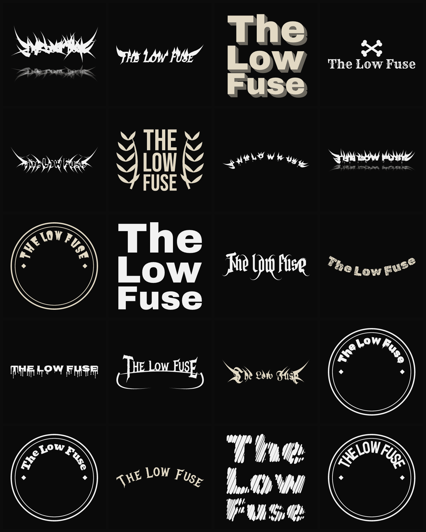 Twenty The Low Fuse band logo ideas — different faces, treatments and spike settings
