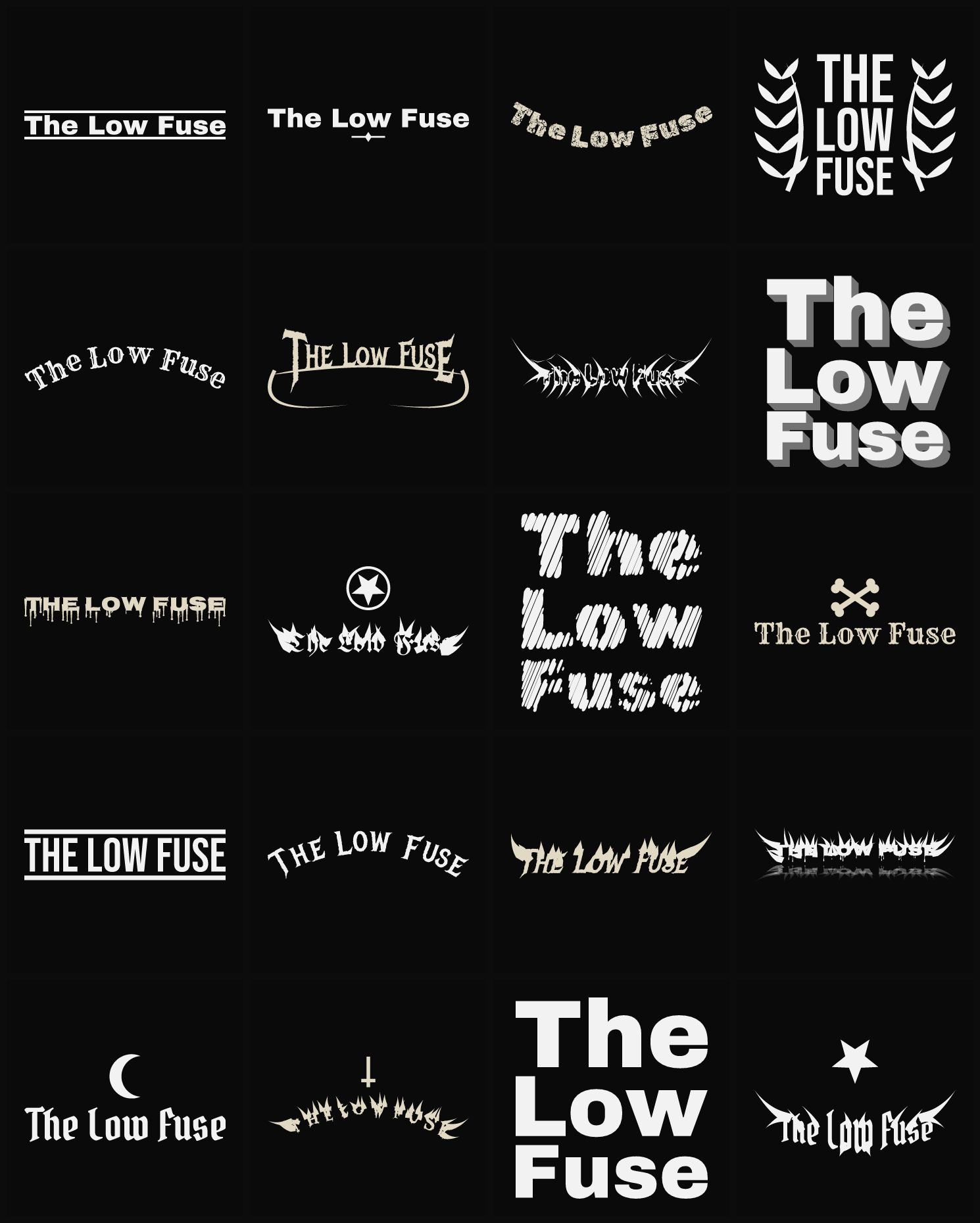 Twenty The Low Fuse band logo ideas — different faces, treatments and spike settings