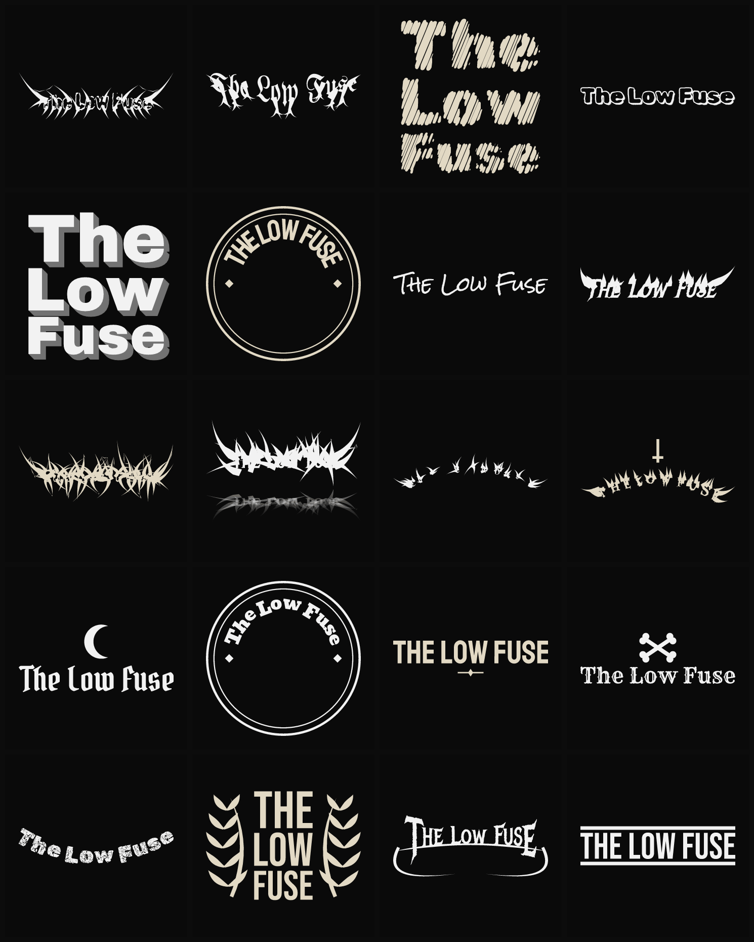 Twenty The Low Fuse band logo ideas — different faces, treatments and spike settings
