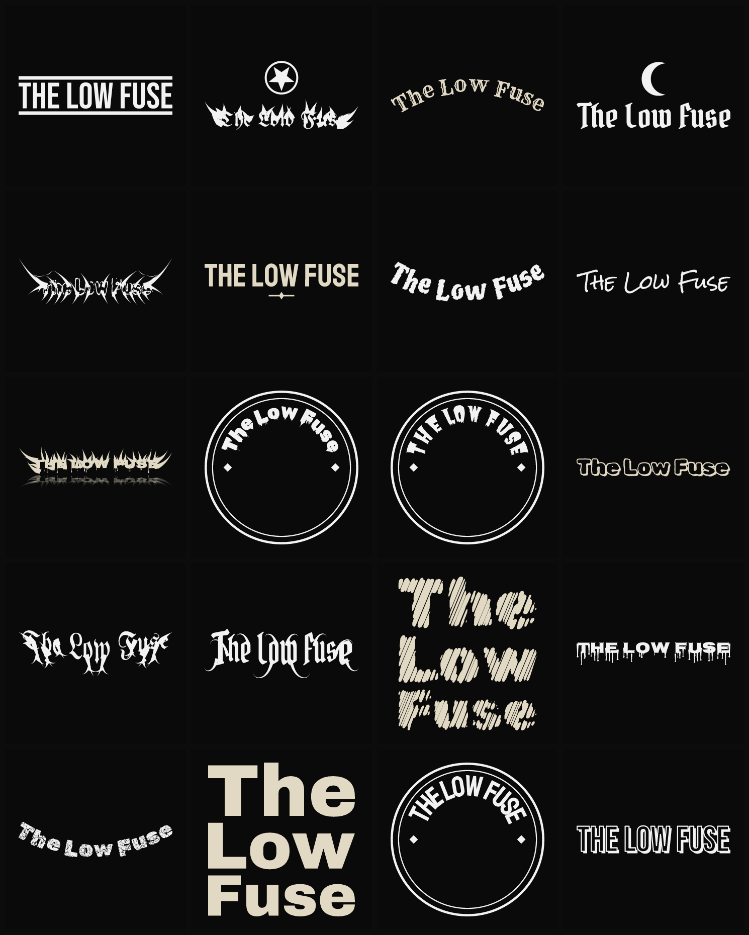 Twenty The Low Fuse band logo ideas — different faces, treatments and spike settings