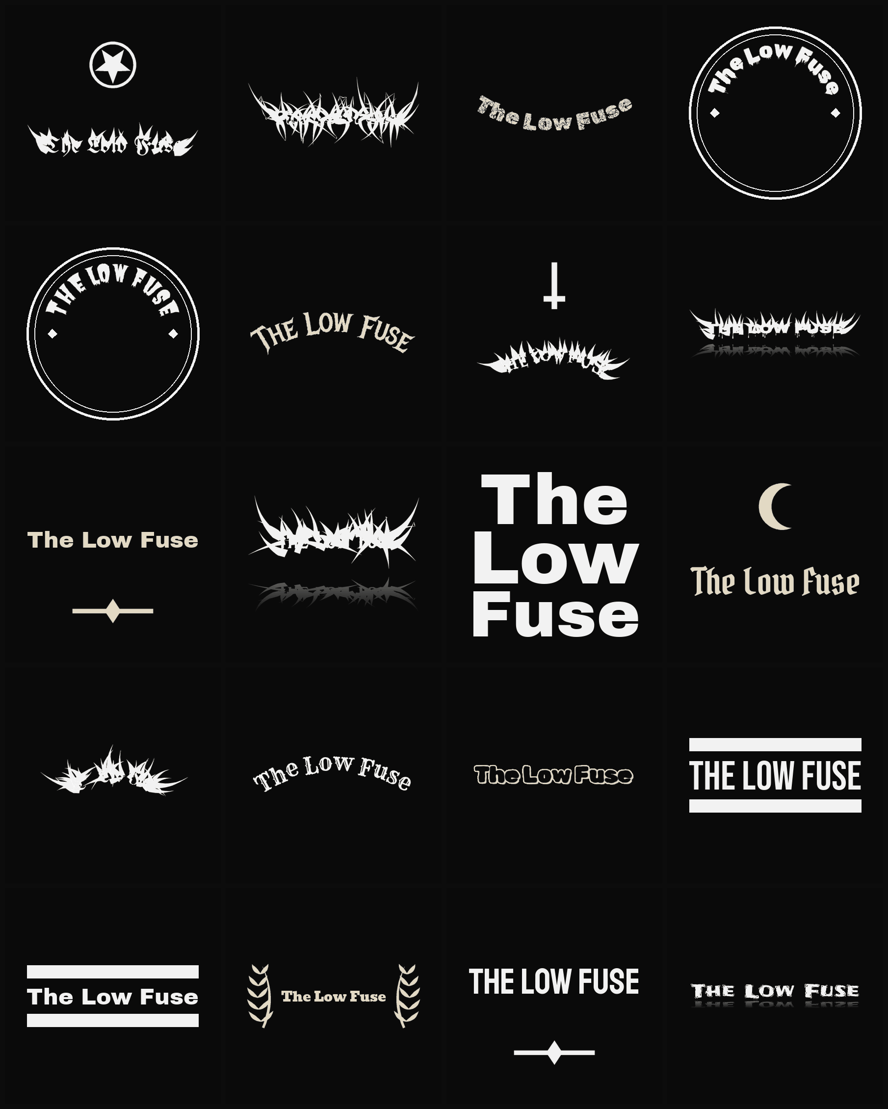 Twenty The Low Fuse band logo ideas — different faces, treatments and spike settings
