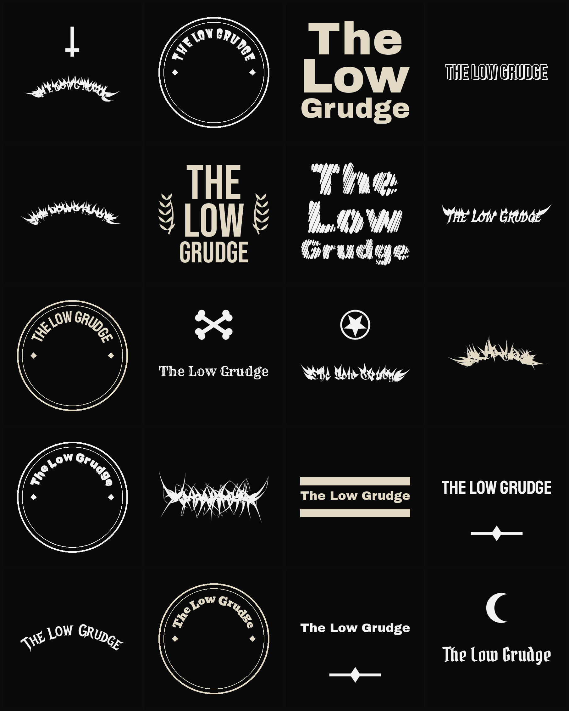 Twenty The Low Grudge band logo ideas — different faces, treatments and spike settings