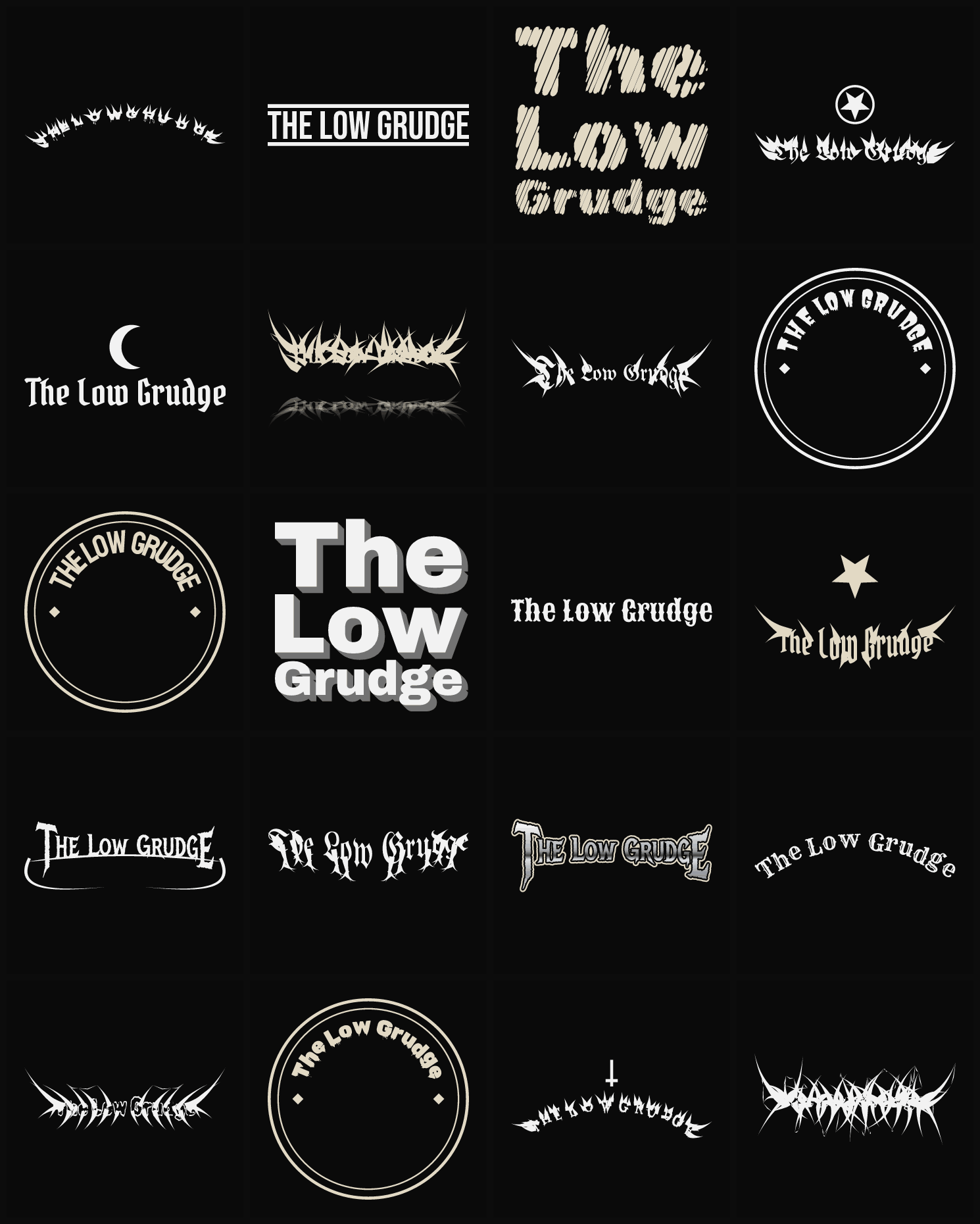 Twenty The Low Grudge band logo ideas — different faces, treatments and spike settings