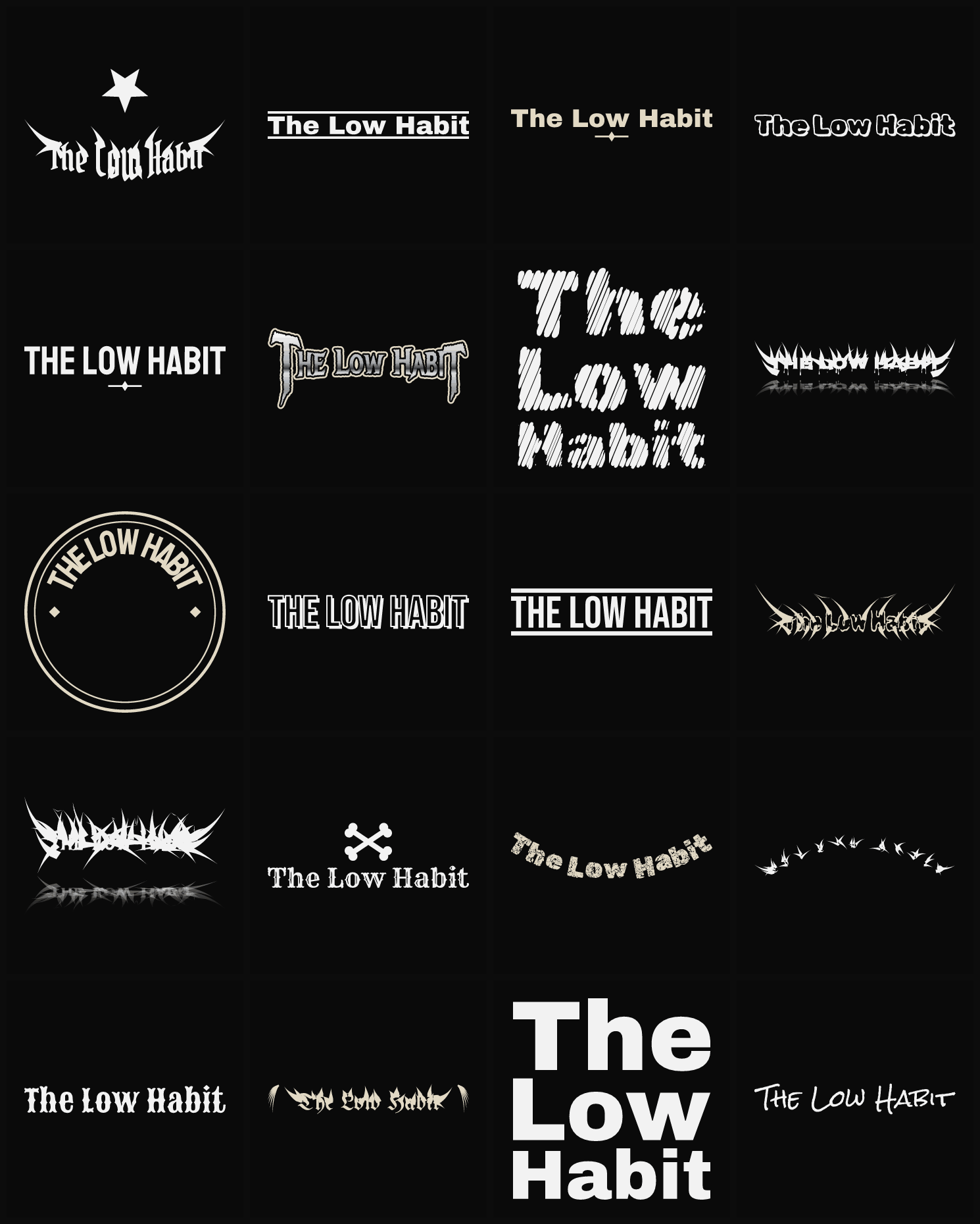 Twenty The Low Habit band logo ideas — different faces, treatments and spike settings