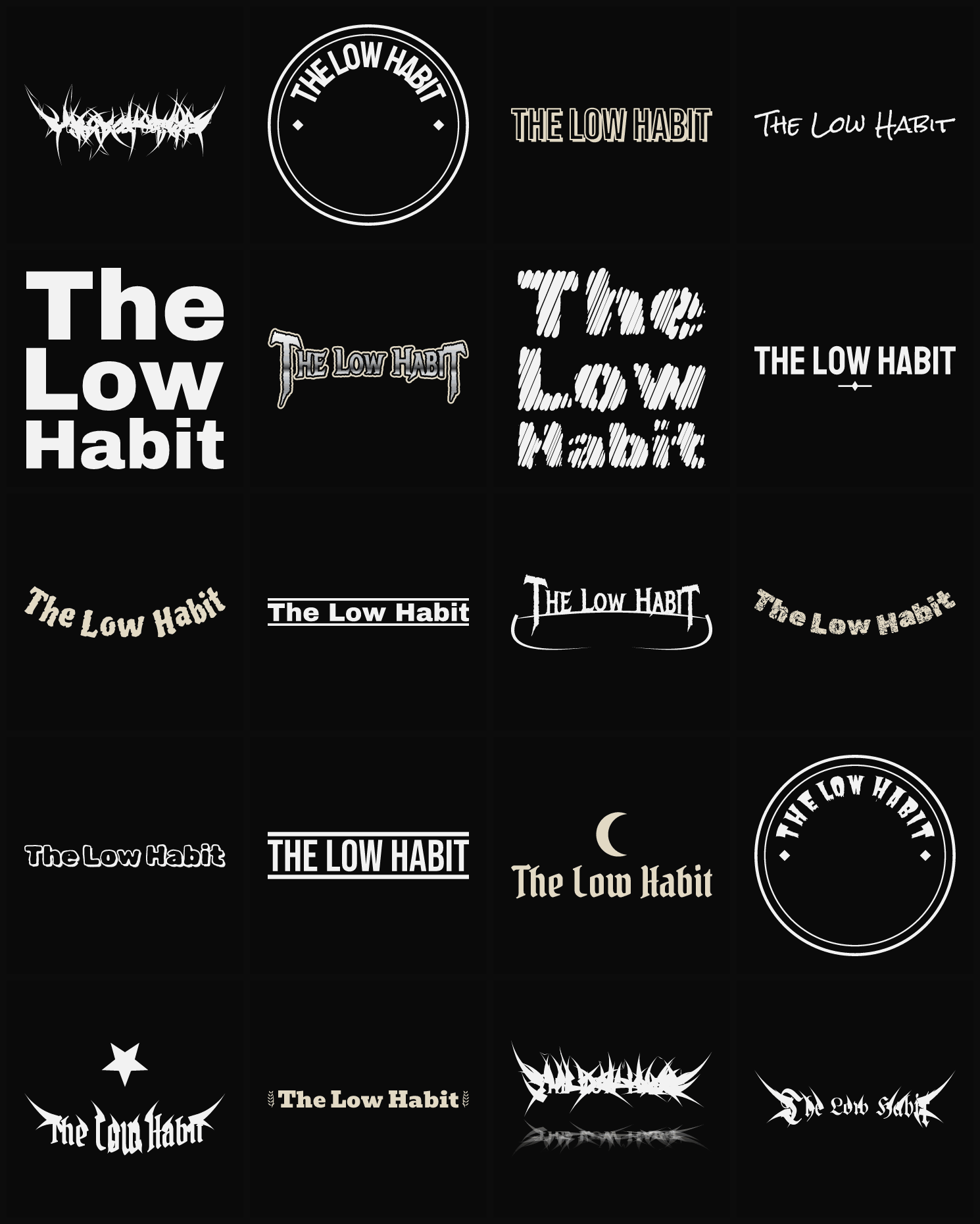 Twenty The Low Habit band logo ideas — different faces, treatments and spike settings