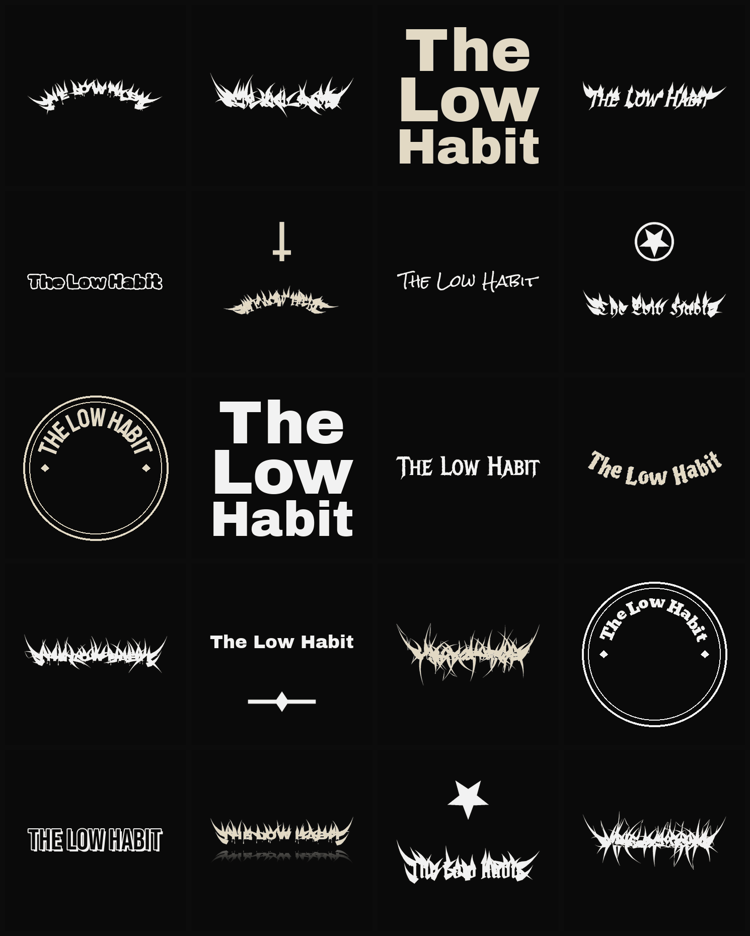 Twenty The Low Habit band logo ideas — different faces, treatments and spike settings