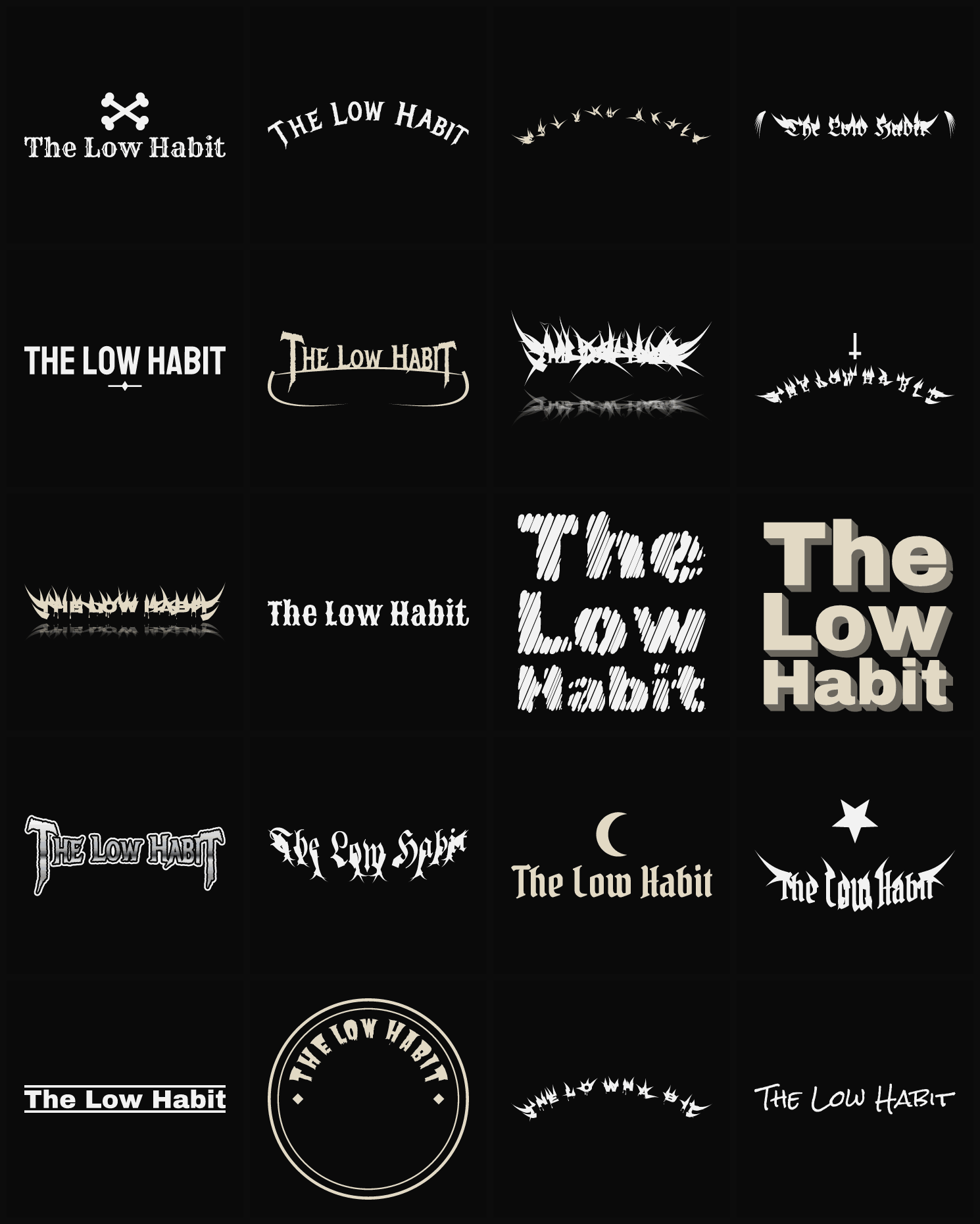 Twenty The Low Habit band logo ideas — different faces, treatments and spike settings
