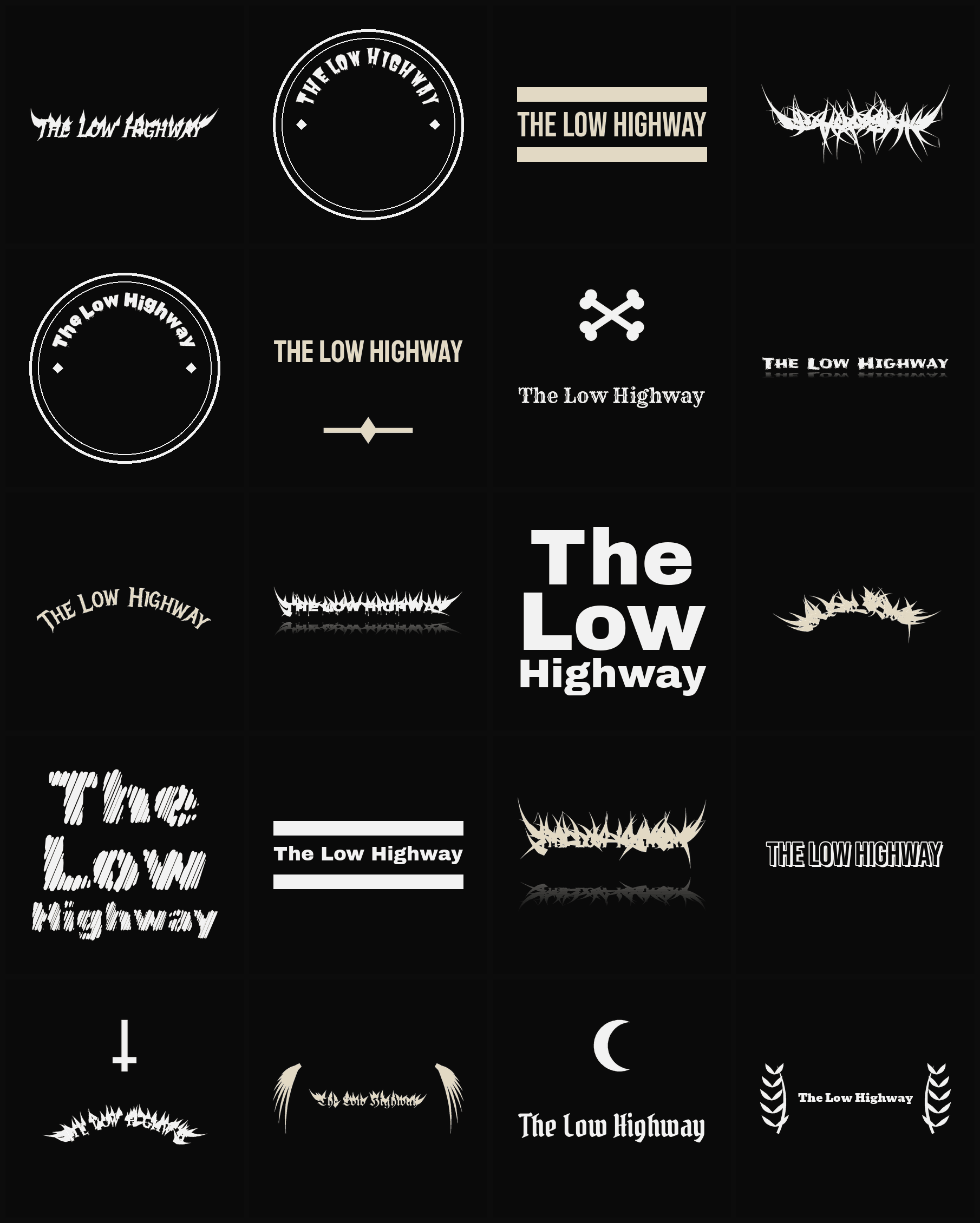 Twenty The Low Highway band logo ideas — different faces, treatments and spike settings
