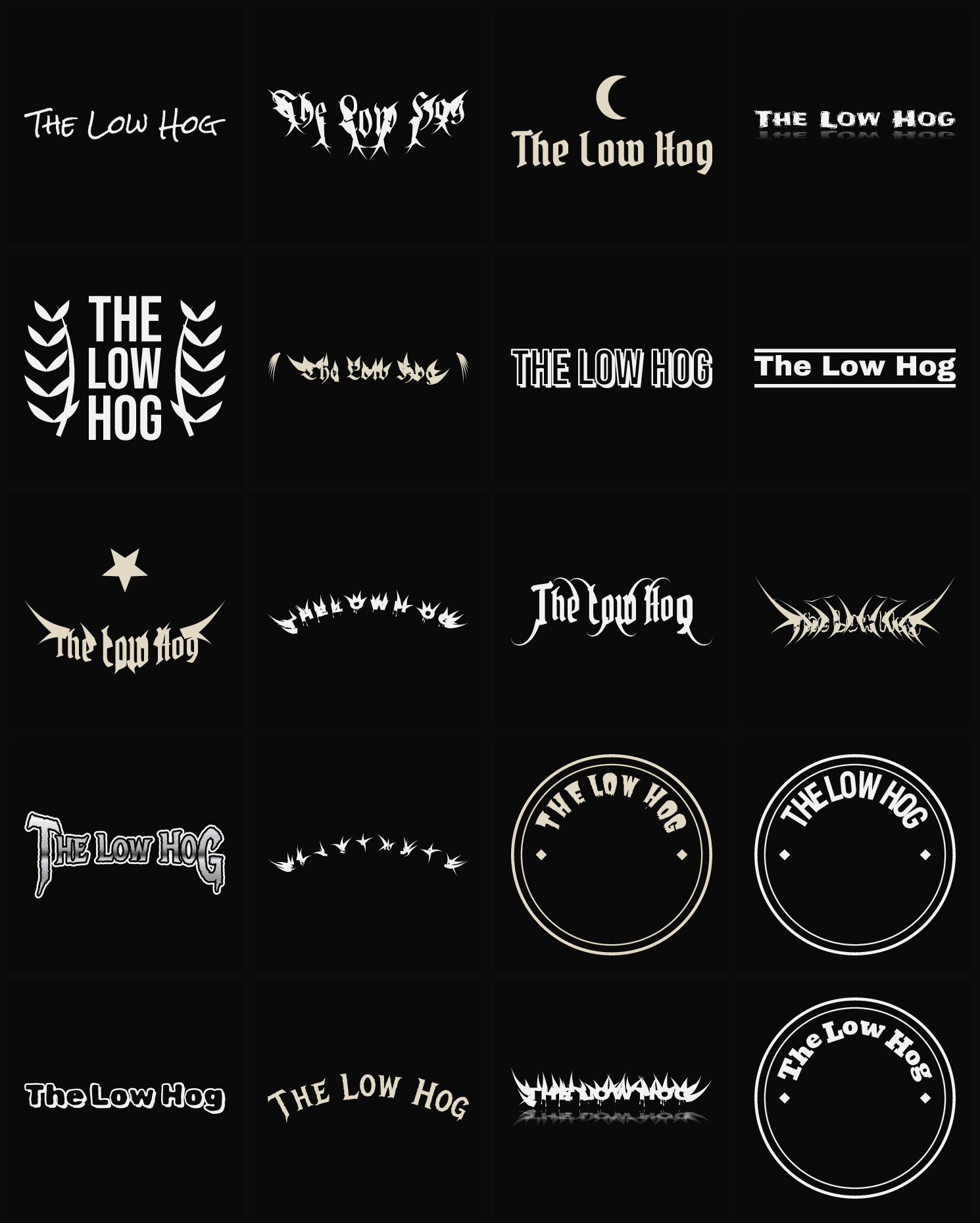 Twenty The Low Hog band logo ideas — different faces, treatments and spike settings