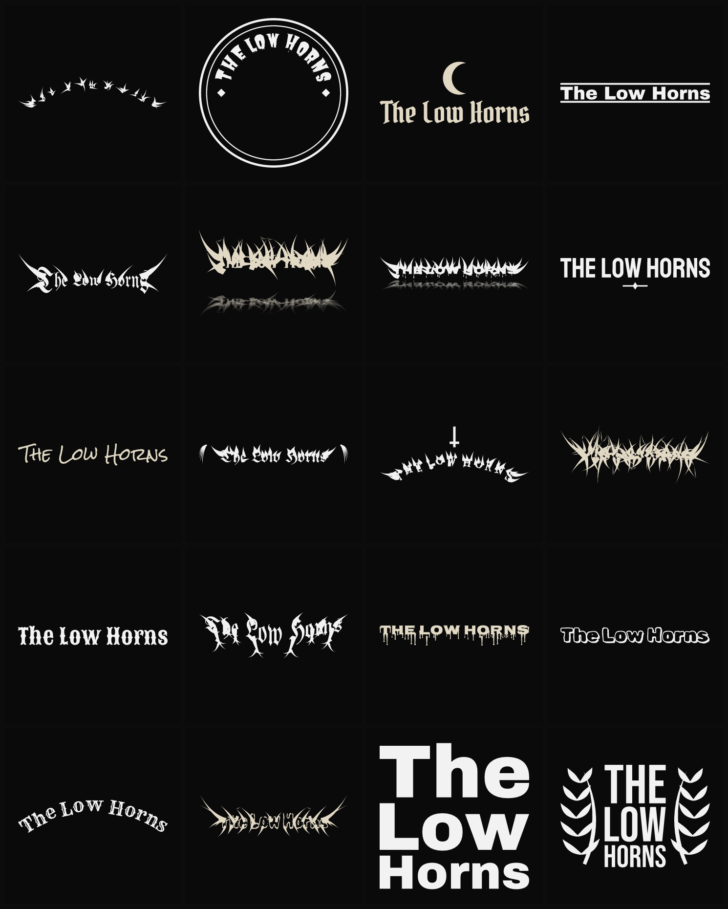 Twenty The Low Horns band logo ideas — different faces, treatments and spike settings