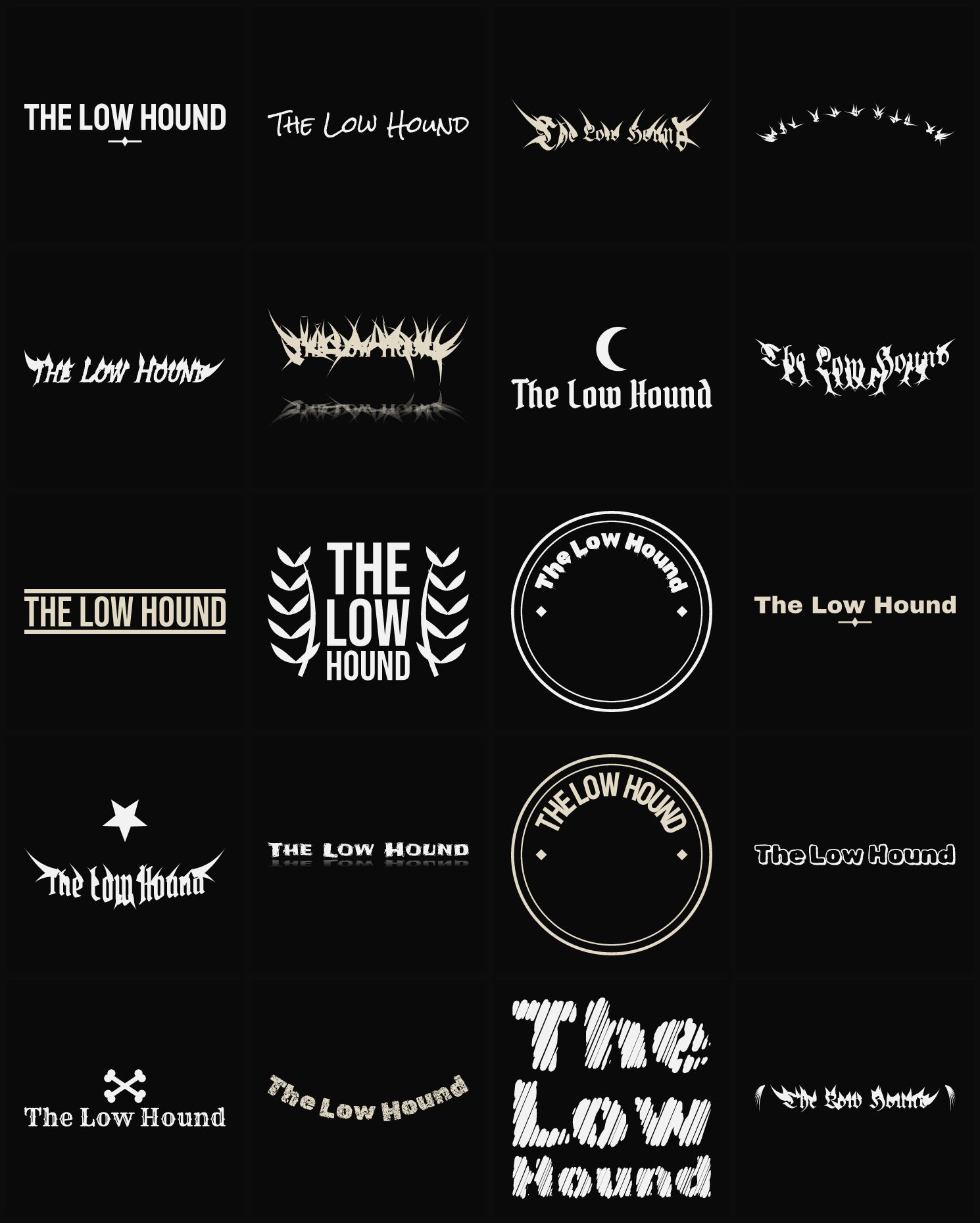 Twenty The Low Hound band logo ideas — different faces, treatments and spike settings