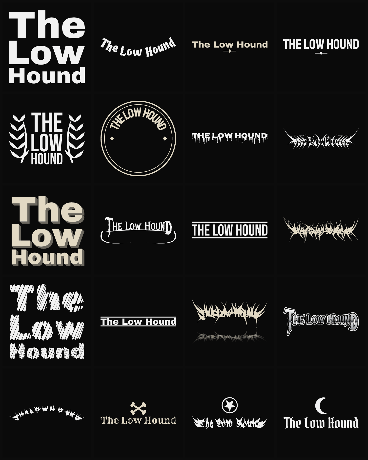 Twenty The Low Hound band logo ideas — different faces, treatments and spike settings
