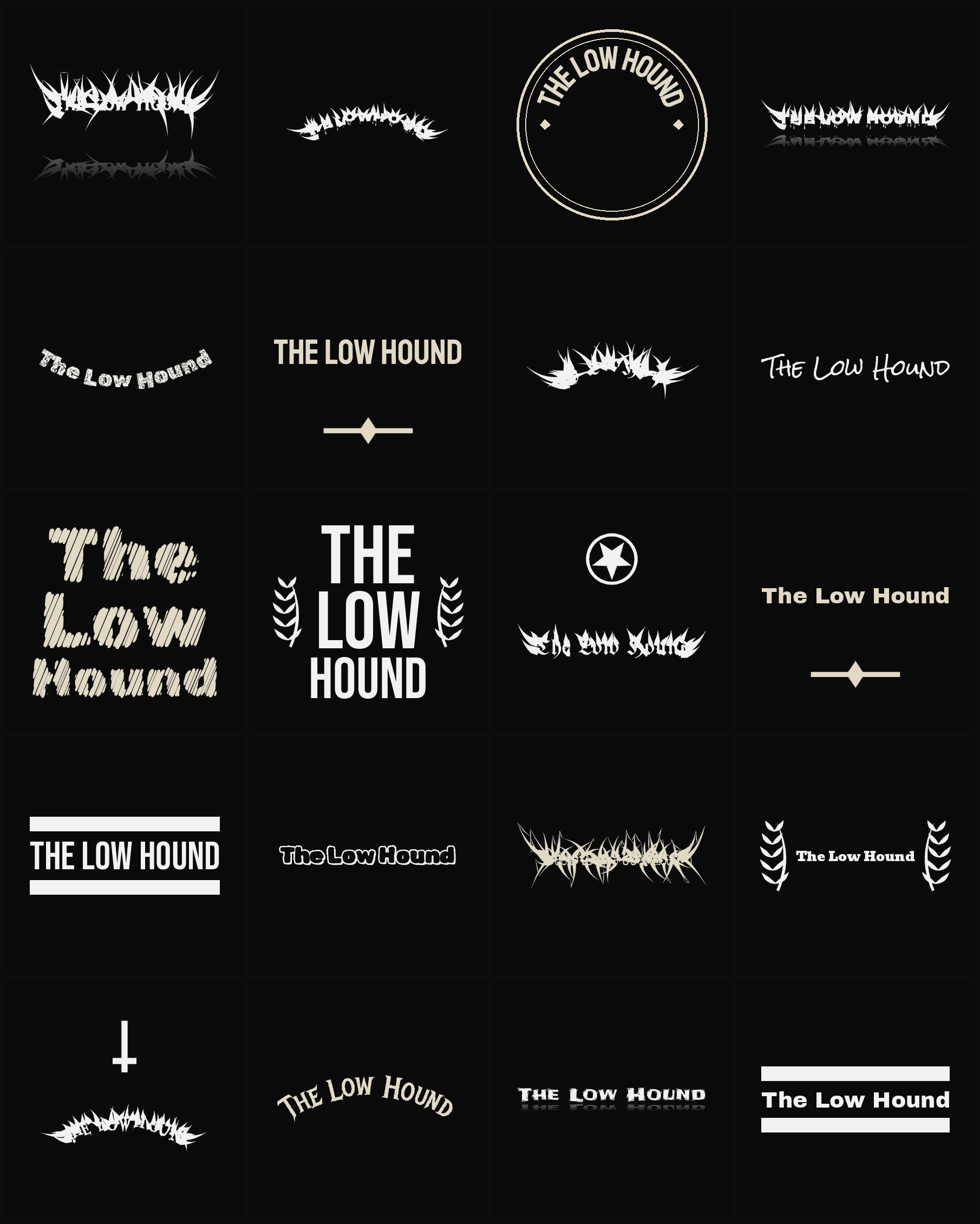 Twenty The Low Hound band logo ideas — different faces, treatments and spike settings
