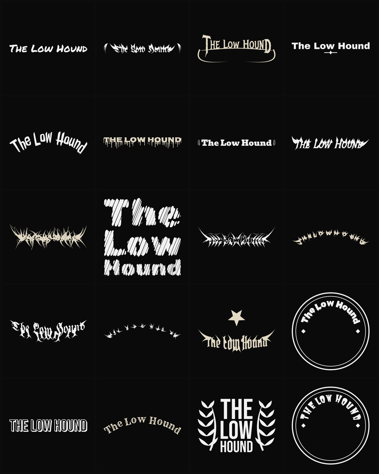 Twenty The Low Hound band logo ideas — different faces, treatments and spike settings