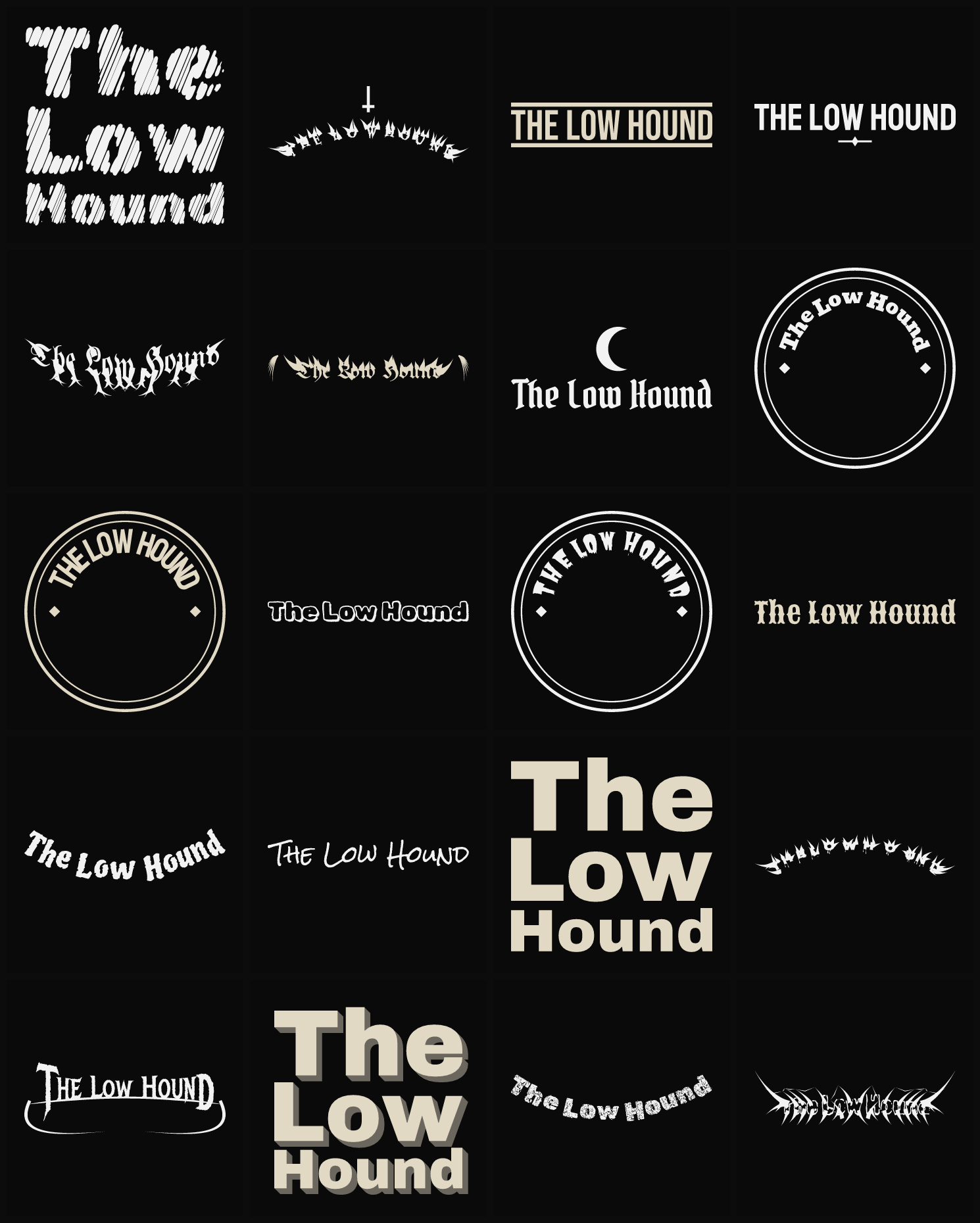 Twenty The Low Hound band logo ideas — different faces, treatments and spike settings