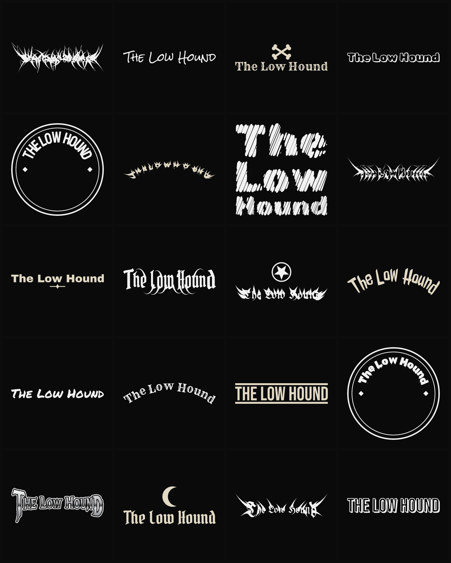 Twenty The Low Hound band logo ideas — different faces, treatments and spike settings