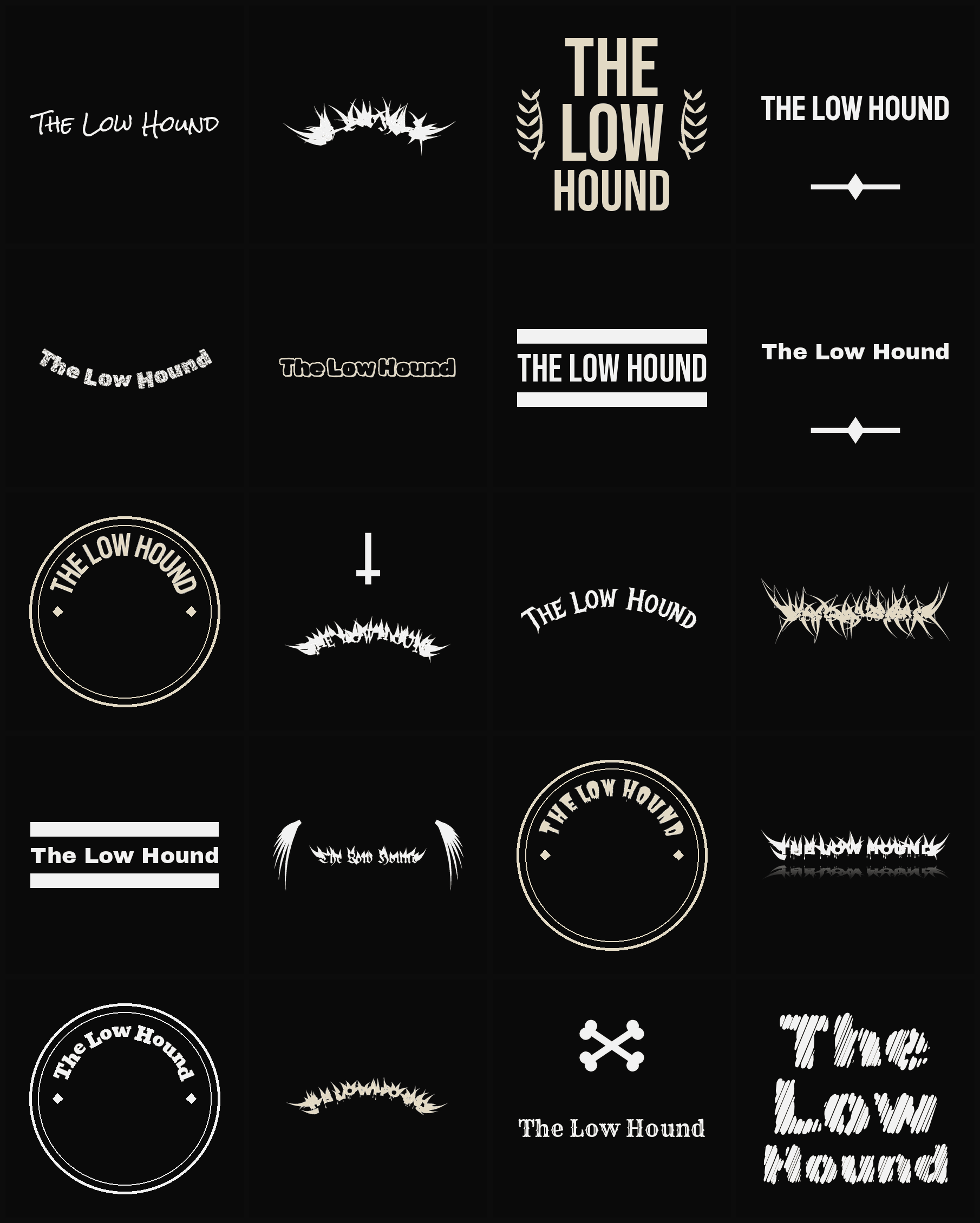 Twenty The Low Hound band logo ideas — different faces, treatments and spike settings