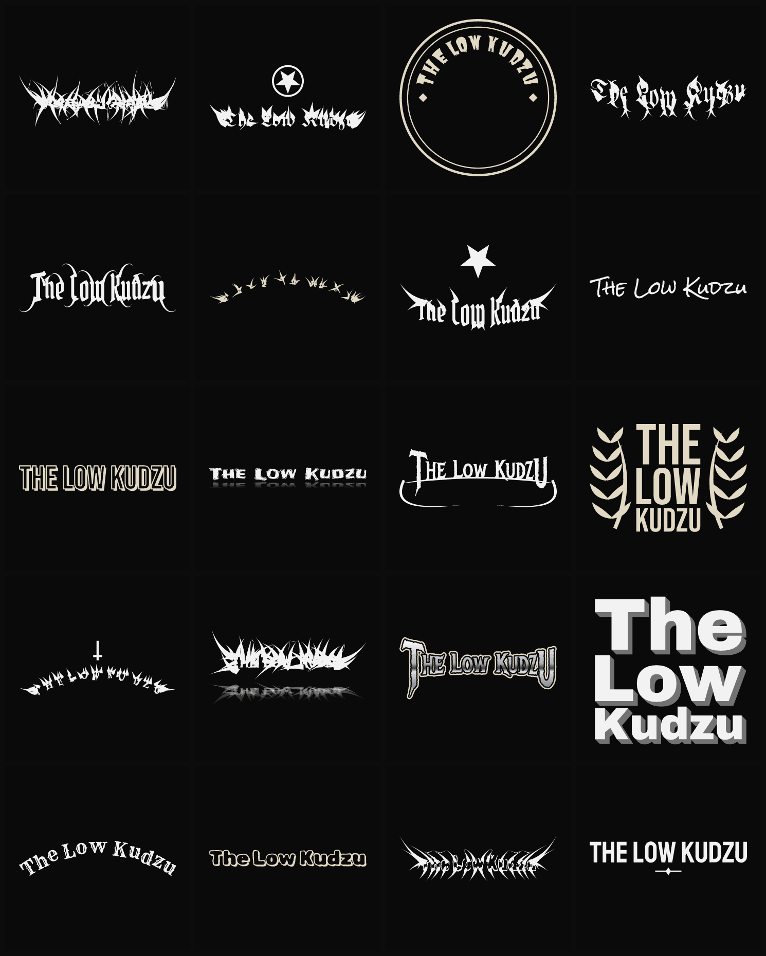 Twenty The Low Kudzu band logo ideas — different faces, treatments and spike settings