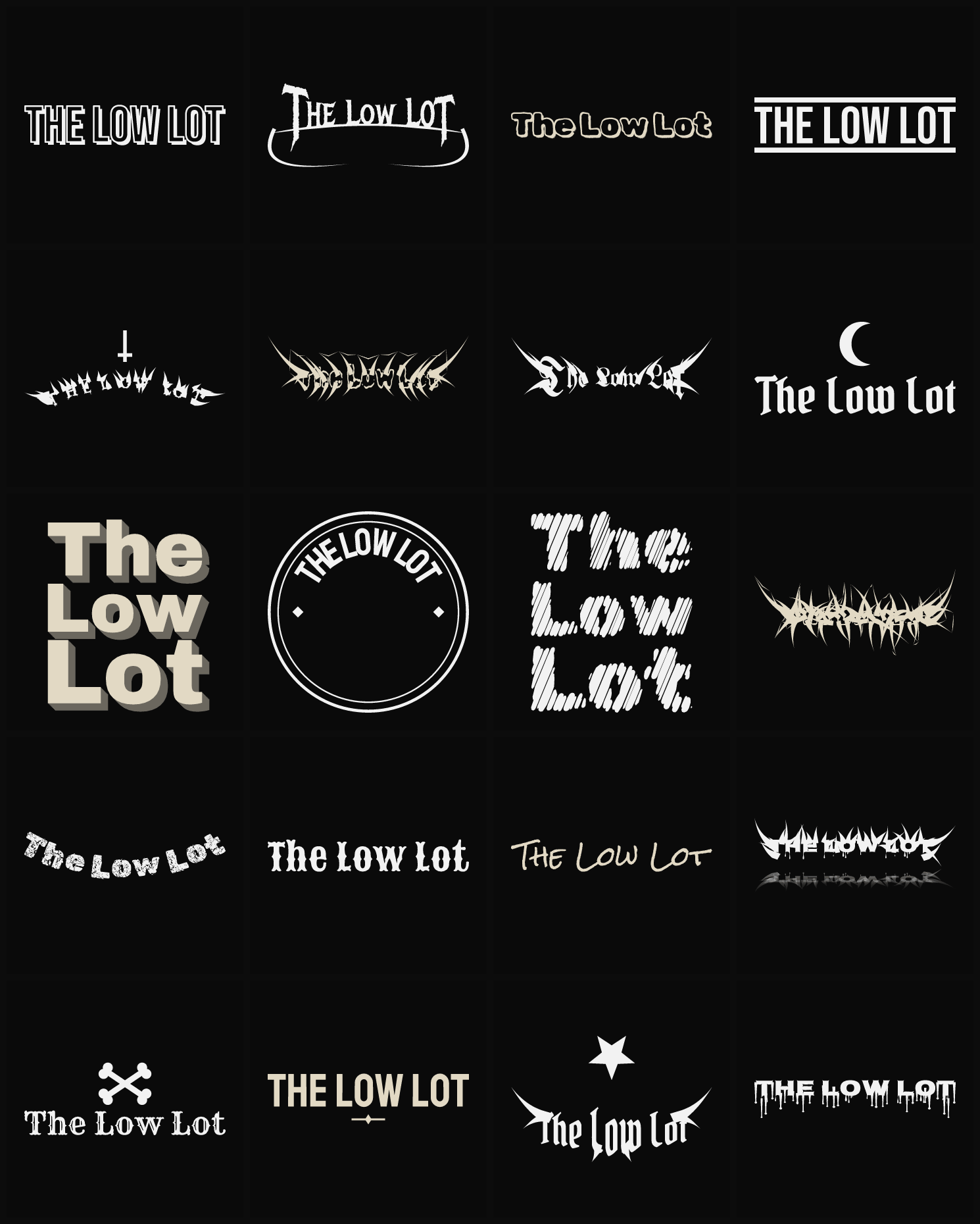 Twenty The Low Lot band logo ideas — different faces, treatments and spike settings
