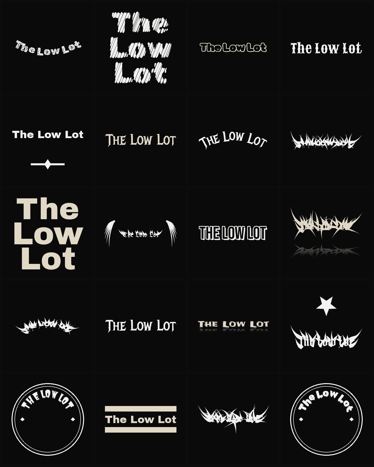 Twenty The Low Lot band logo ideas — different faces, treatments and spike settings