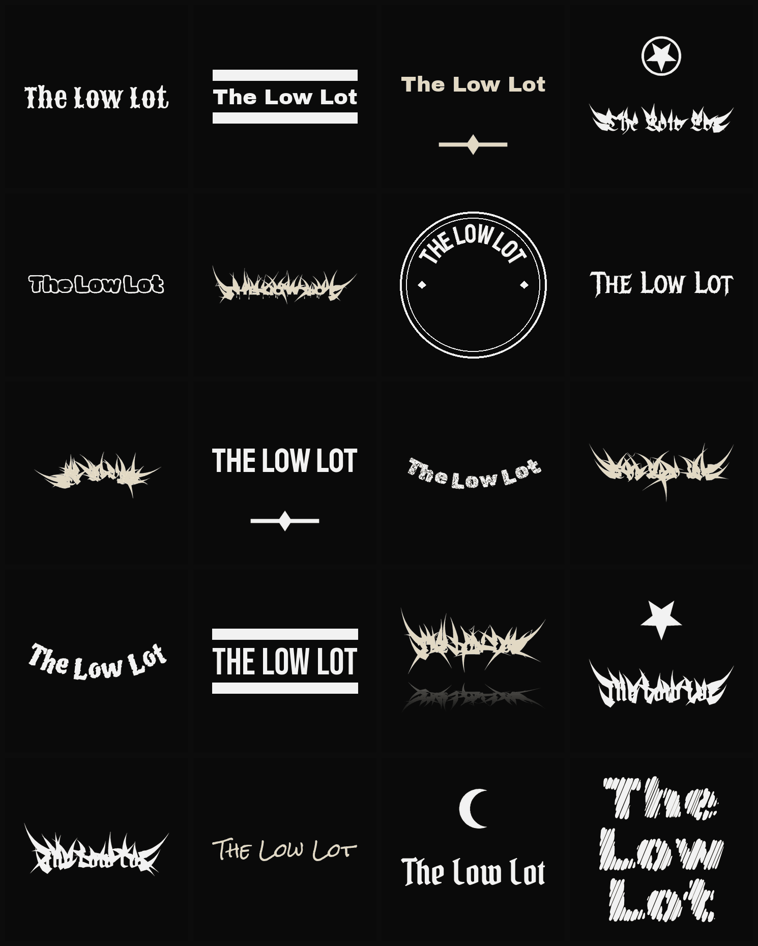 Twenty The Low Lot band logo ideas — different faces, treatments and spike settings