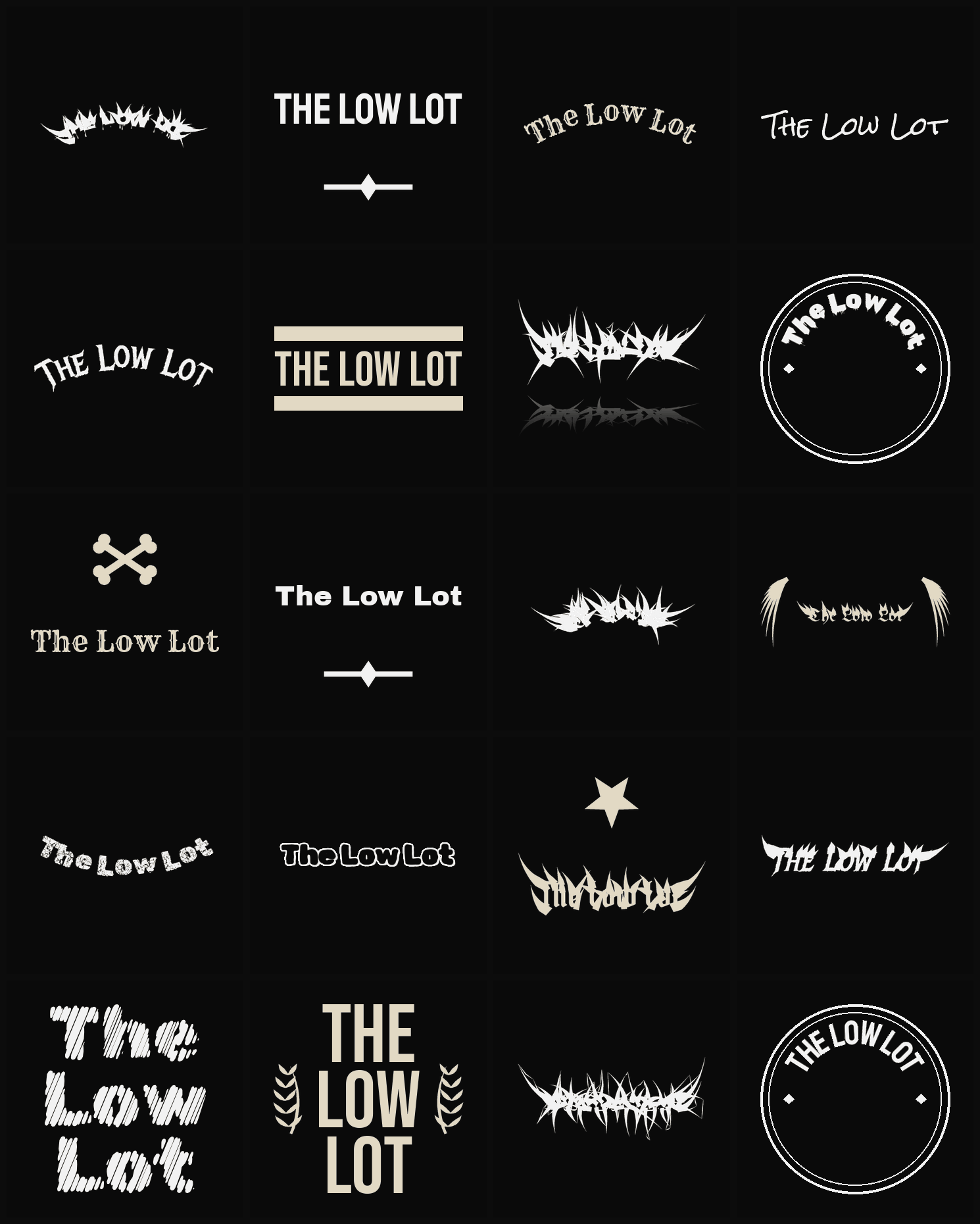 Twenty The Low Lot band logo ideas — different faces, treatments and spike settings
