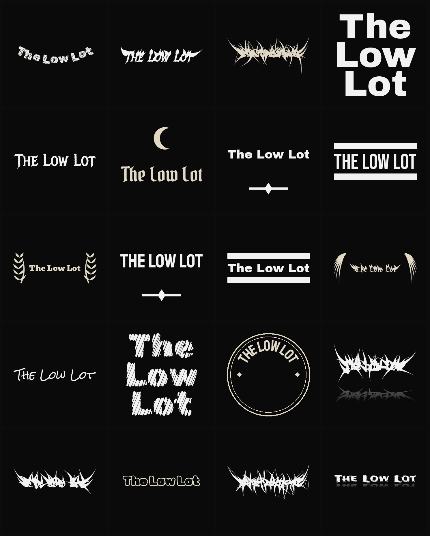 Twenty The Low Lot band logo ideas — different faces, treatments and spike settings