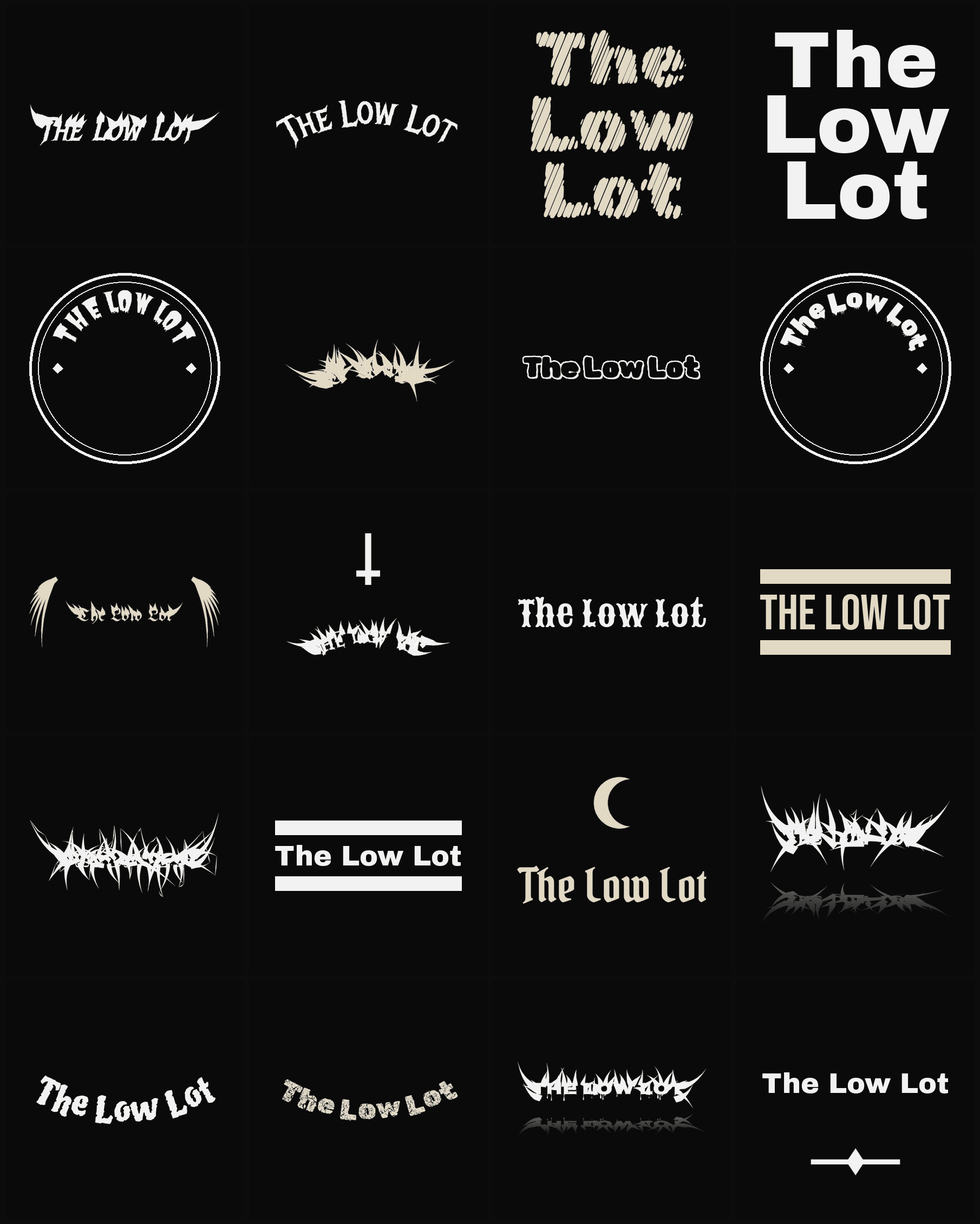 Twenty The Low Lot band logo ideas — different faces, treatments and spike settings