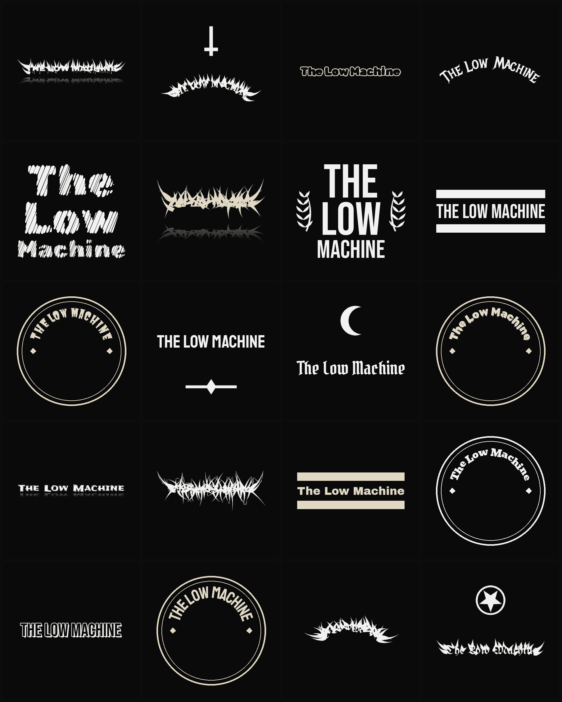 Twenty The Low Machine band logo ideas — different faces, treatments and spike settings