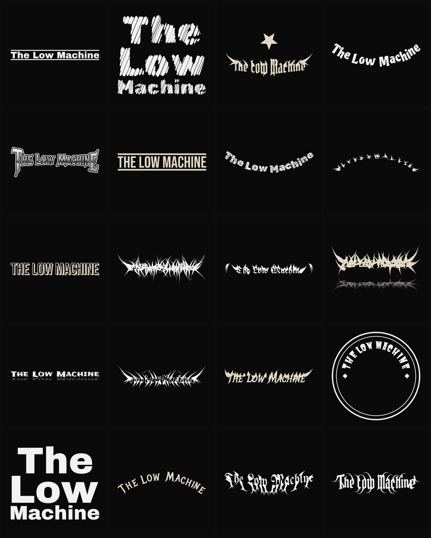 Twenty The Low Machine band logo ideas — different faces, treatments and spike settings