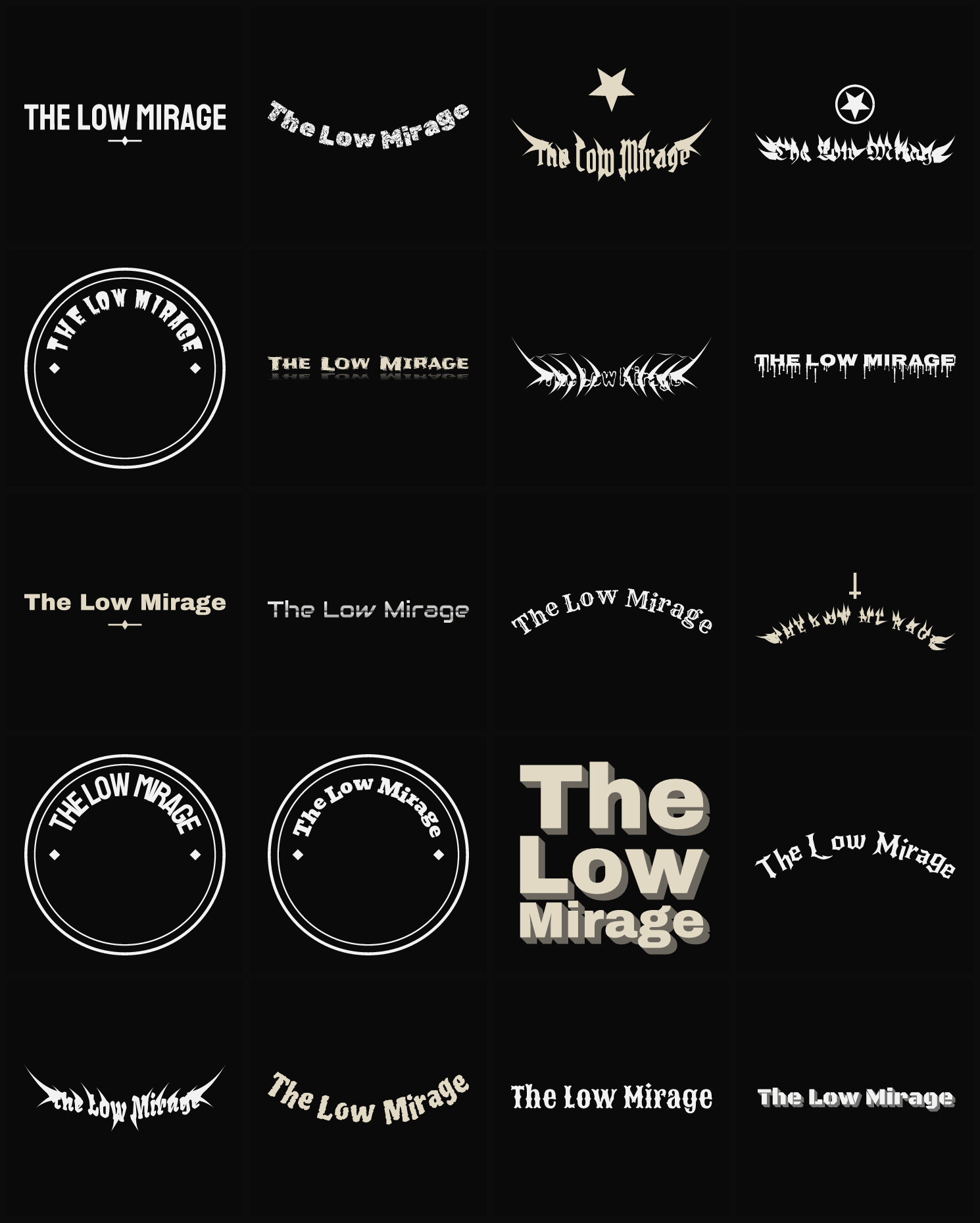 Twenty The Low Mirage band logo ideas — different faces, treatments and spike settings