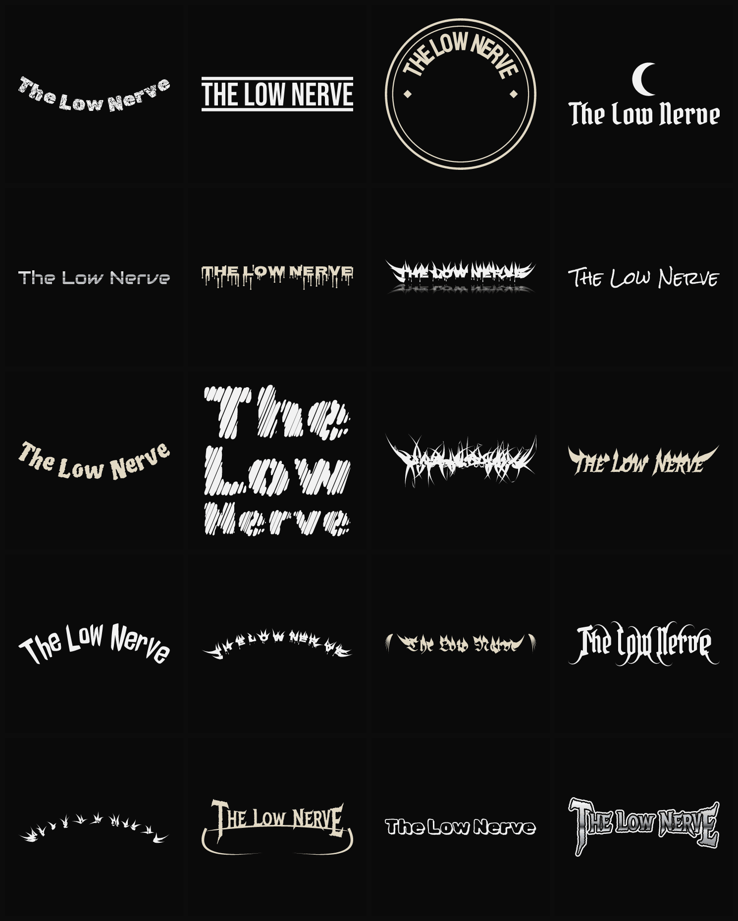 Twenty The Low Nerve band logo ideas — different faces, treatments and spike settings