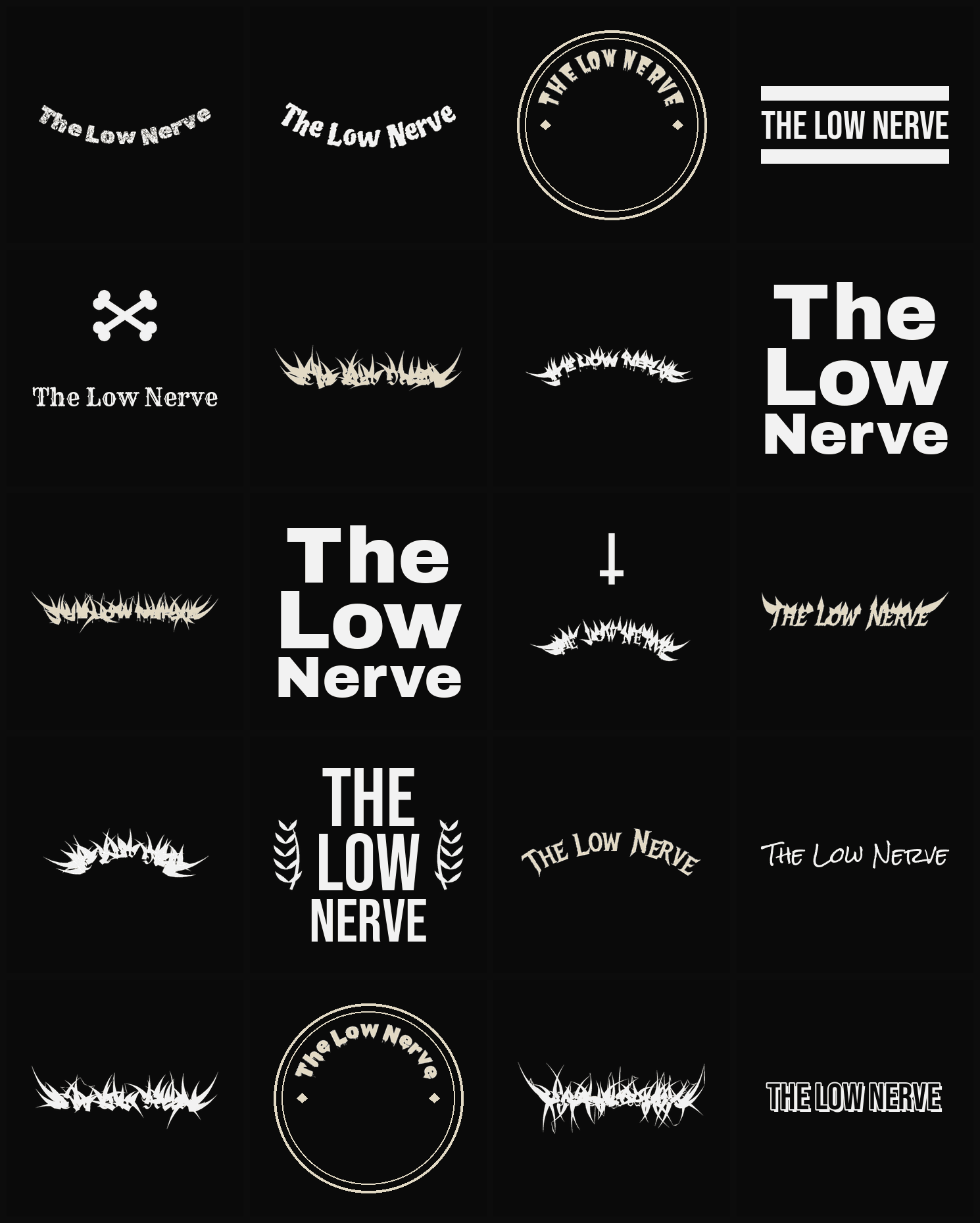 Twenty The Low Nerve band logo ideas — different faces, treatments and spike settings